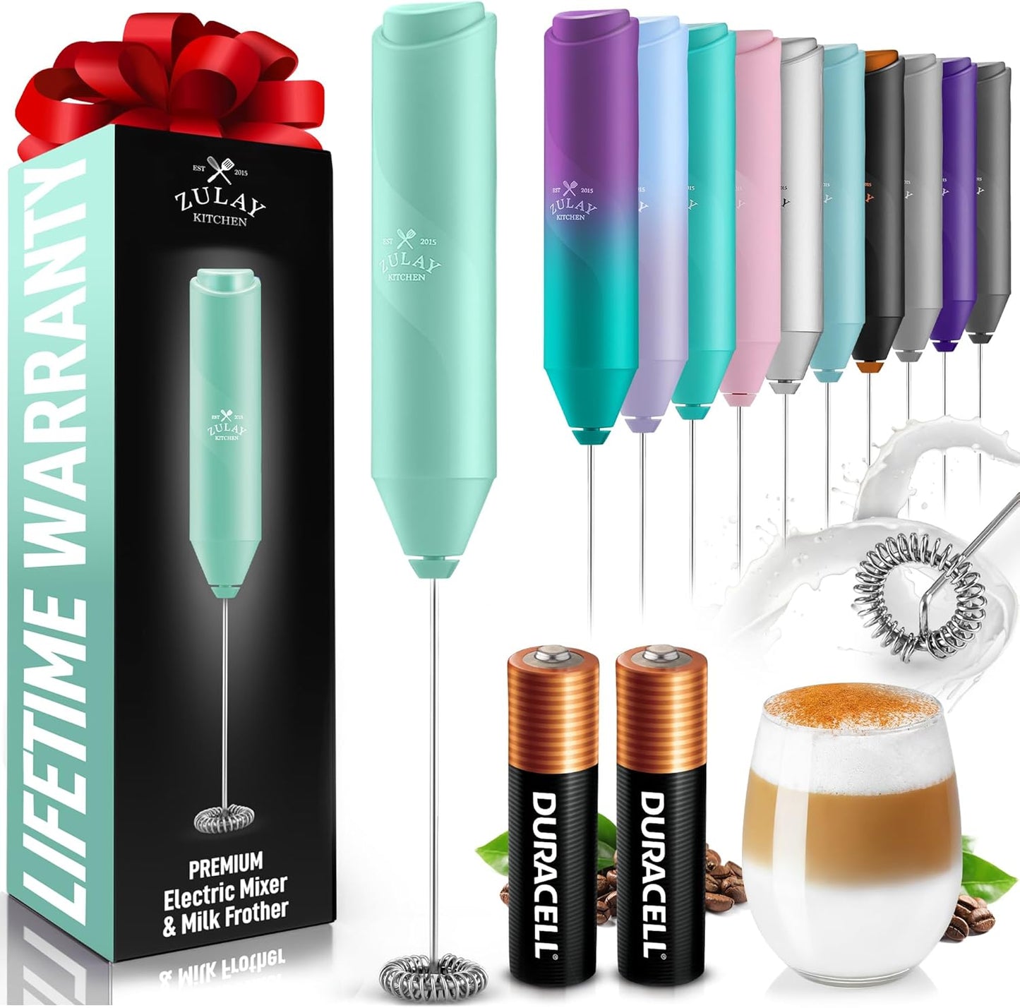 Zulay Kitchen Milk Frother Handheld with 2 Duracell AA Batteries – Electric Drink Mixer for Coffee, Lattes, Cappuccinos, Matcha & Hot Chocolate – Portable Foam Maker & Coffee Bar Accessory