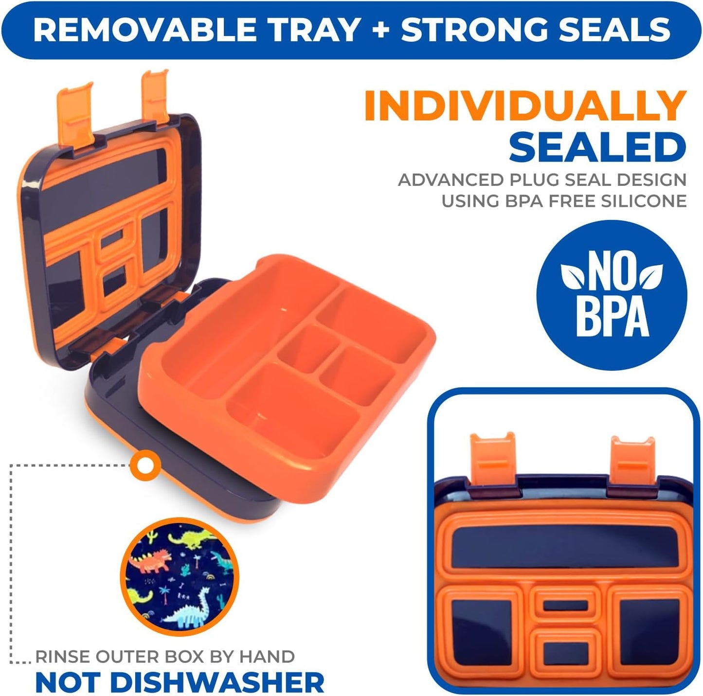 Dinosaur Bento Lunch Box for Boys Toddlers, 5 Portion Sections Secure Lid, Microwave Safe BPA Free Removable Plastic Tray, Pre-School Kid Daycare Lunches Snack Container Ages 3 to 7 Blue Orange
