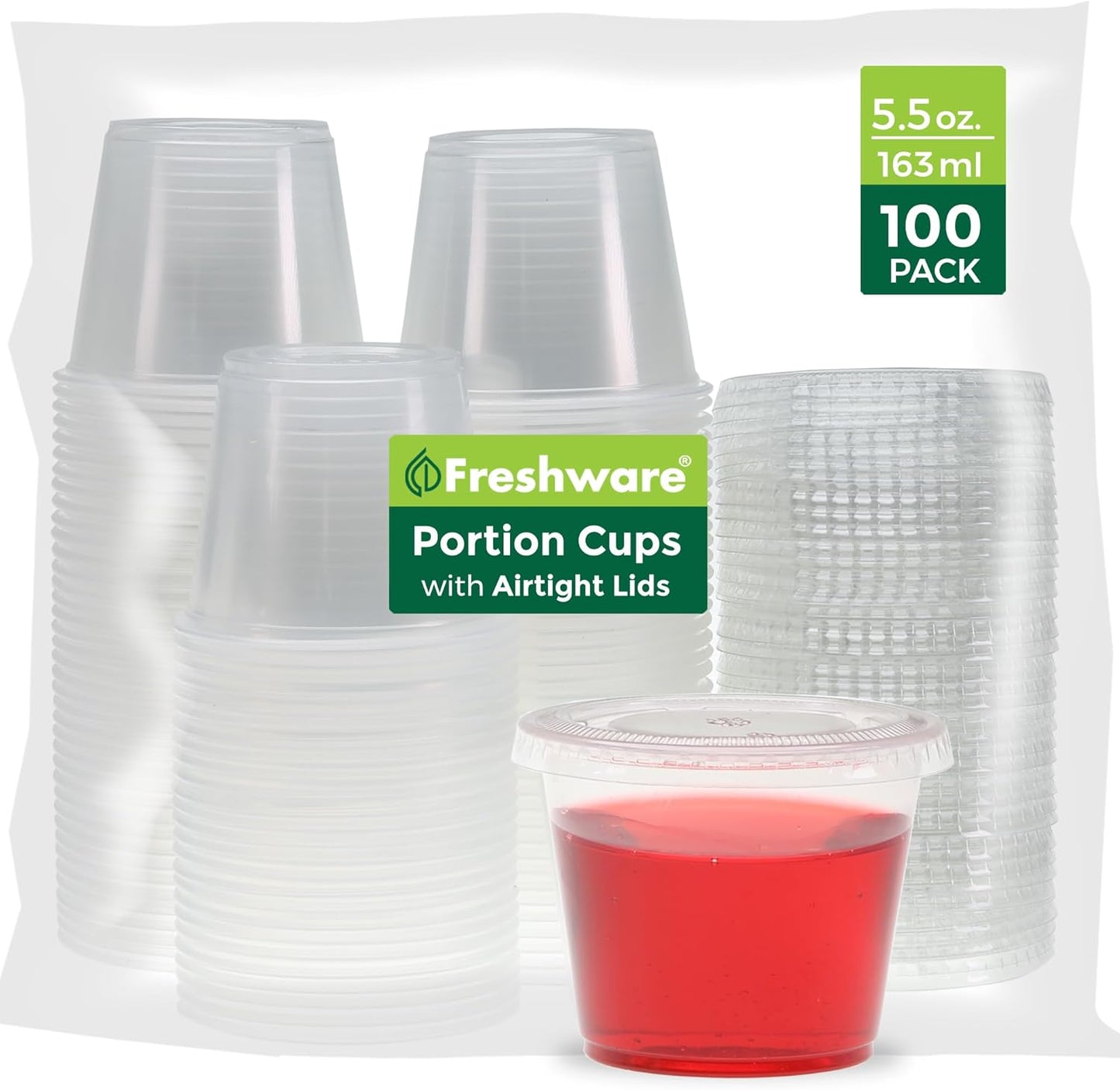 Freshware Plastic Portion Cups with Lids [5.5 Ounce, 100 Sets] Souffle Cups, Jello Shot Cups, Condiment Sauce Containers For Sampling, Sauce, Snack or Dressing
