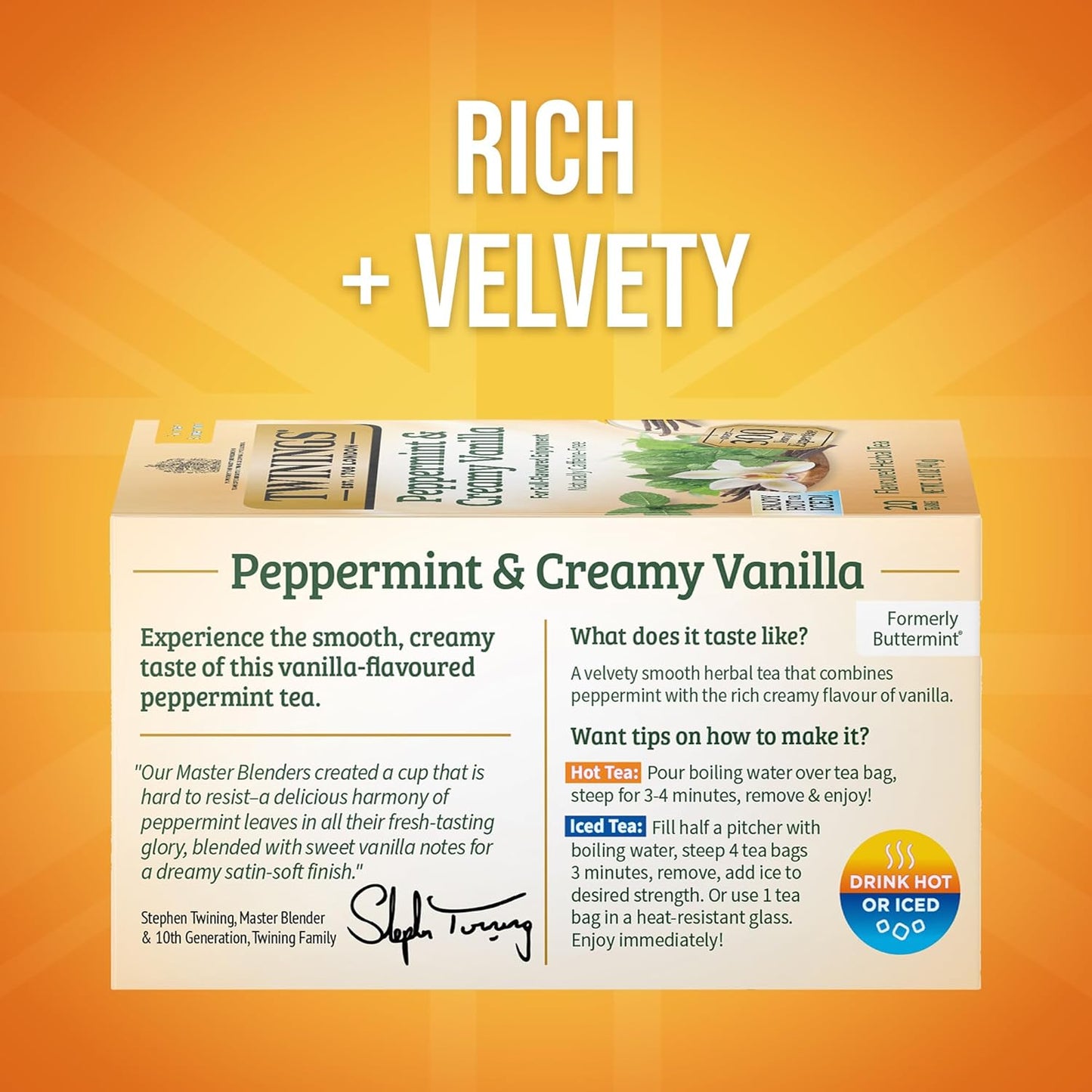 Twinings Peppermint & Creamy Vanilla Herbal Tea Individually Wrapped Bags, 20 Count (Pack of 6), Formerly Buttermint, Naturally Caffeine-Free, Enjoy Hot or Iced, 120 Teabags