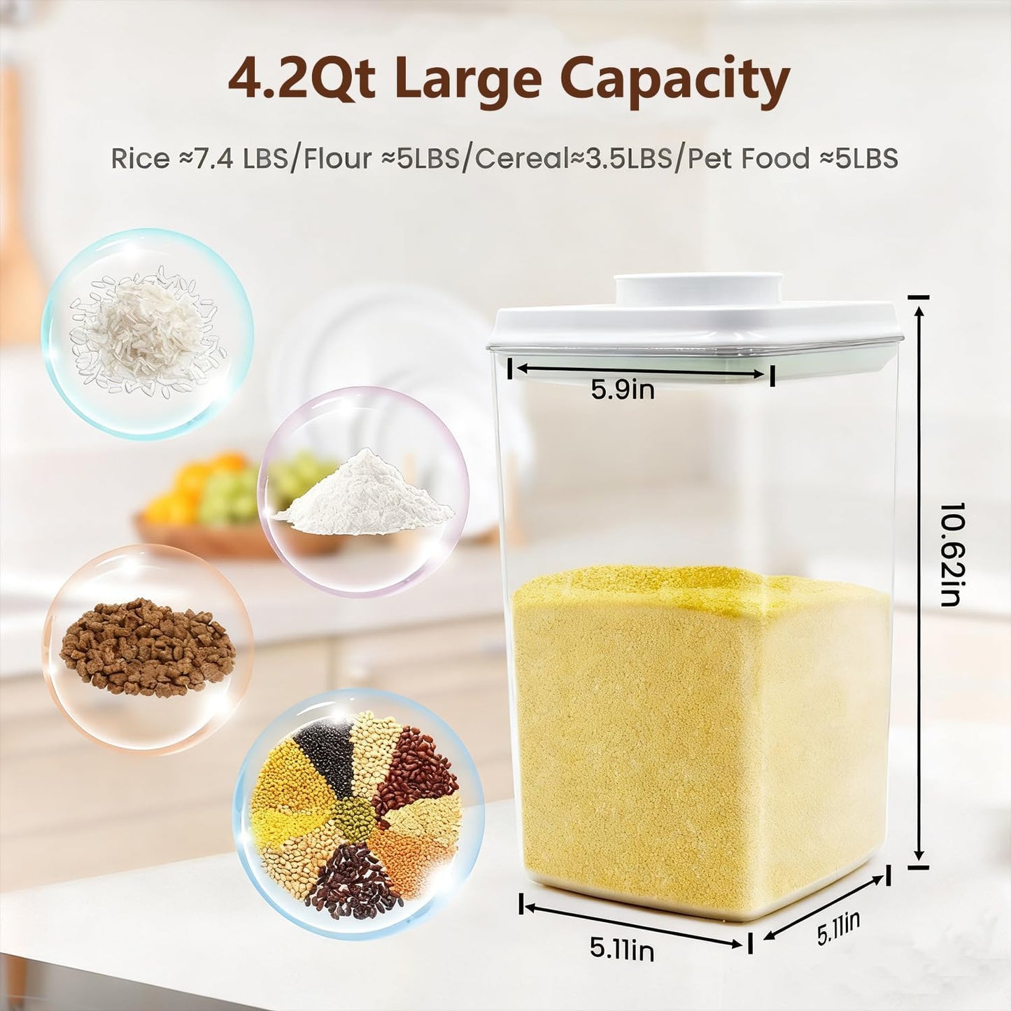 4 Pcs Large Pop Airtight Food Storage Containers Set with Lids, 4.2Qt/4L Food Containers with Scoop, Kitchen Pantry Organization and Storage, BPA Free Stackable Cereal Container (4 * 4.2Qt)