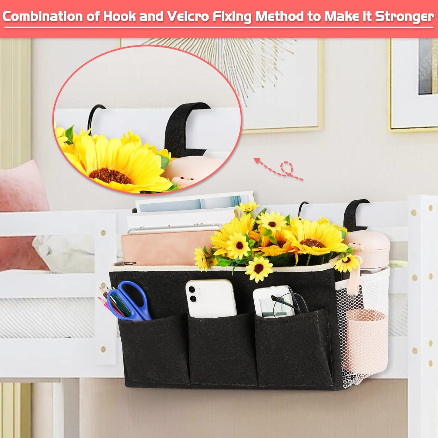 Loghot Bedside Caddy/Bedside Storage Bag Hanging Organizer for Bunk and Hospital Beds,Dorm Rooms Bed Rails,Can be Placed Glasses,Books,Mobile Phones,Keys (New Black)