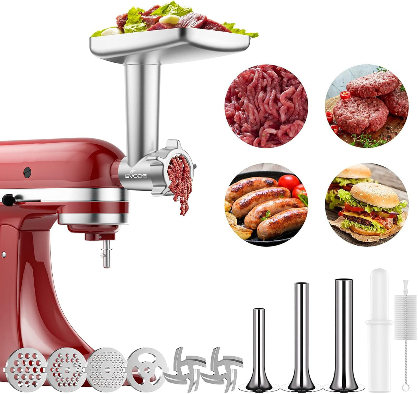 GVODE Meat Grinder Attachment for KitchenAid Stand Mixer, Meat Grinders Includes 4 Grinding Plates, 3 Sausage Stuffer Tubes, 2 Grinding Blades, For KitchenAid Mixer Attachments