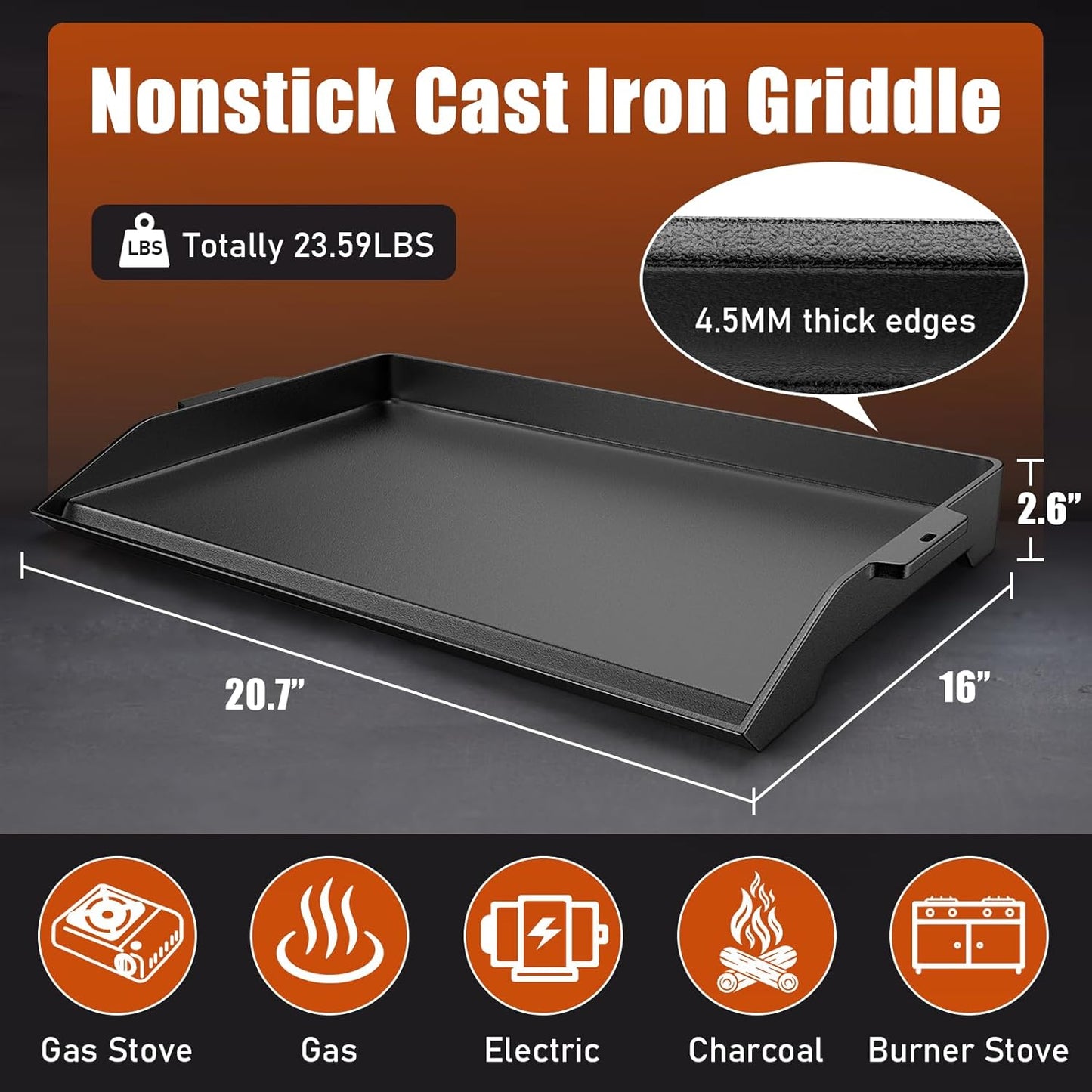 Cast Iron Griddle for Stove Top Griddle for Gas Grill Universal Flat Top for Grill Plate with Extra High Sidewalls for All Gas Grills and 4 Burner Range Oven, 23" x 16" Matte Porcelain Enamel