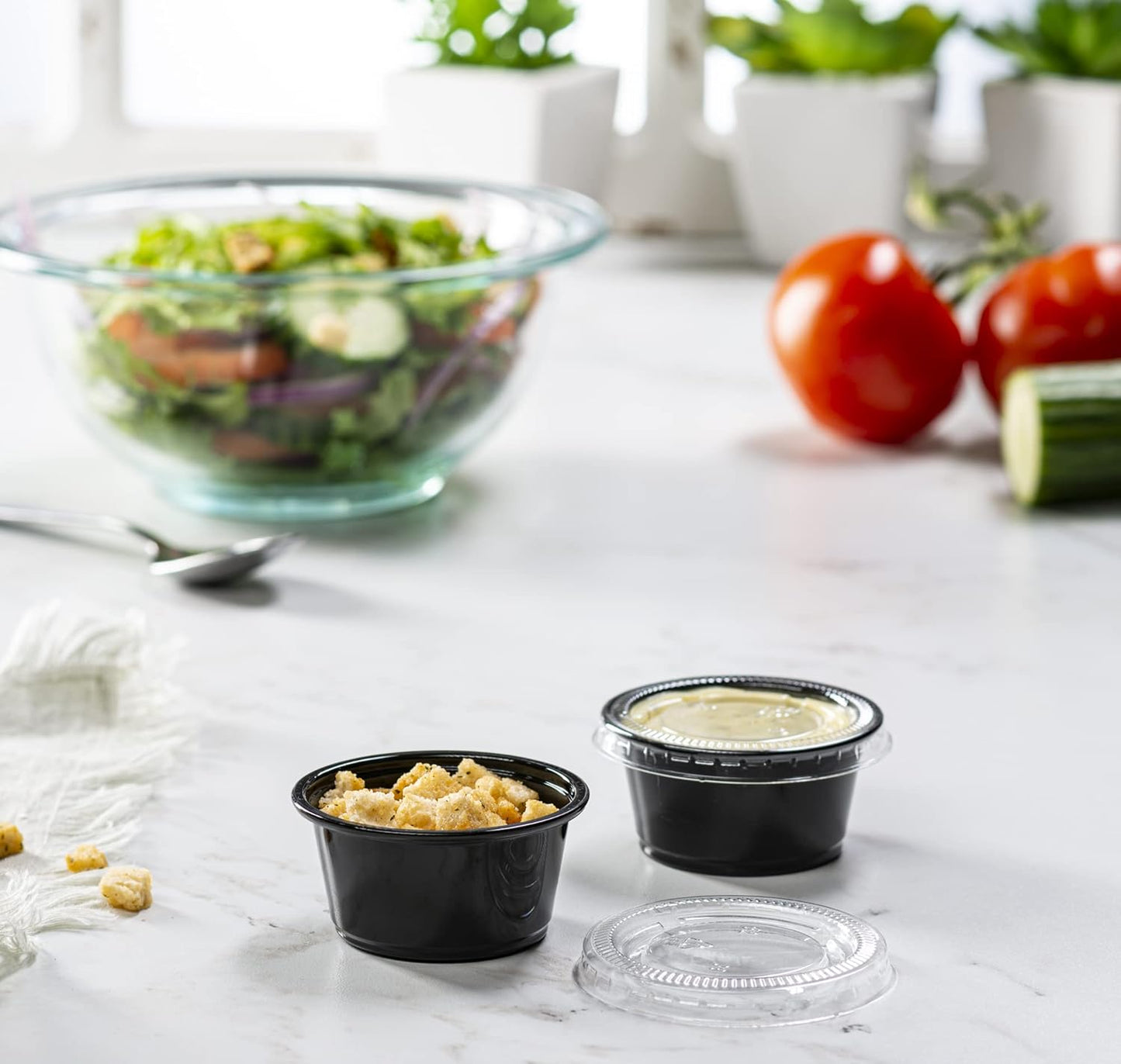 (2 oz - 100 Sets) Black Diposable Plastic Portion Cups With Lids, Small Mini Containers For Portion Controll, Jello Shots, Meal Prep, Sauce Cups, Slime, Condiments, Medicine, Dressings, Crafts