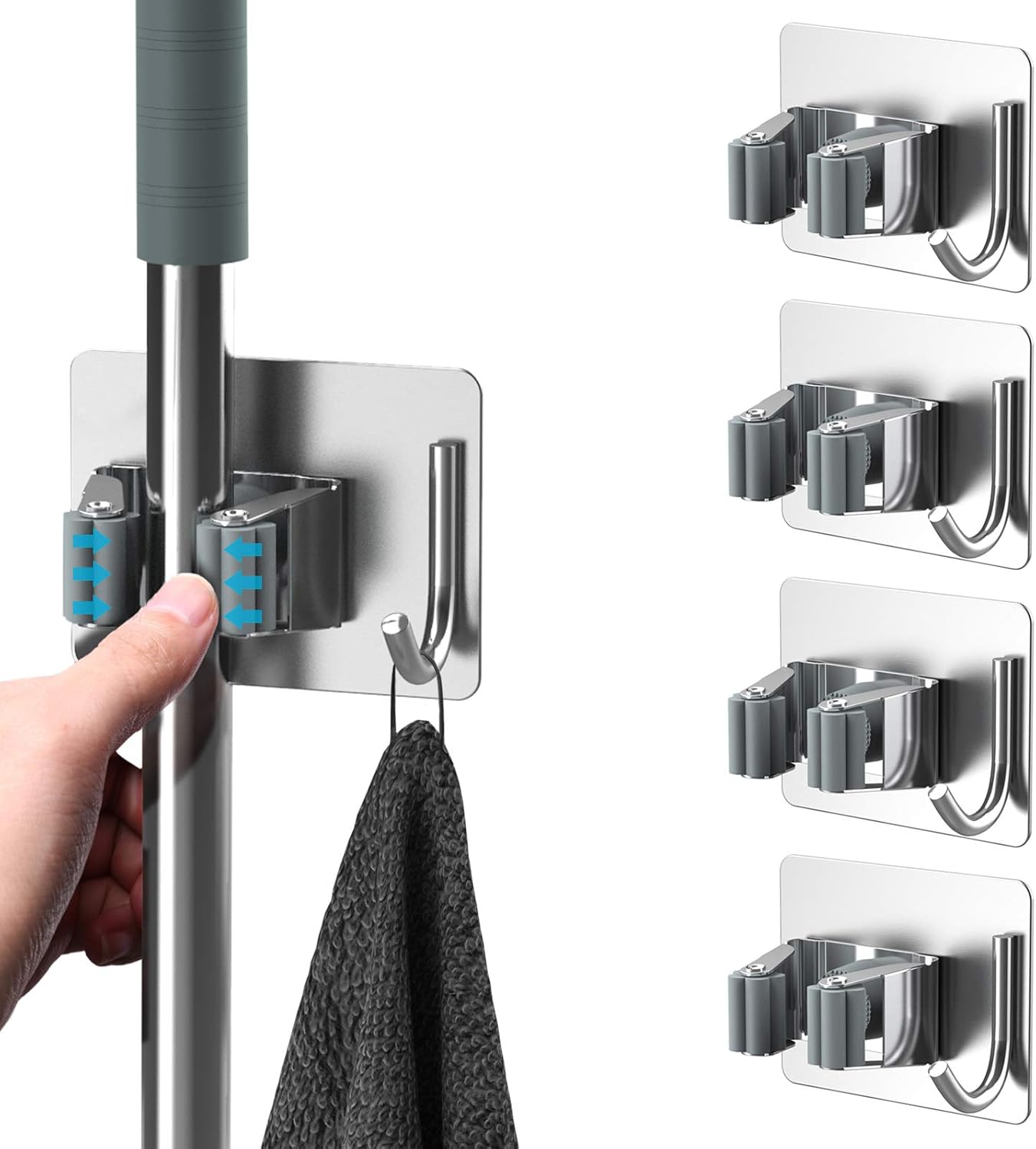 Mop Broom Holder No Drill, Mop Broom Organizer Wall Mounted Heavy Duty with Hooks Hanger, Self Adhesive Stainless Steel 6Pcs for Bathroom, Kitchen, Office (Silver)
