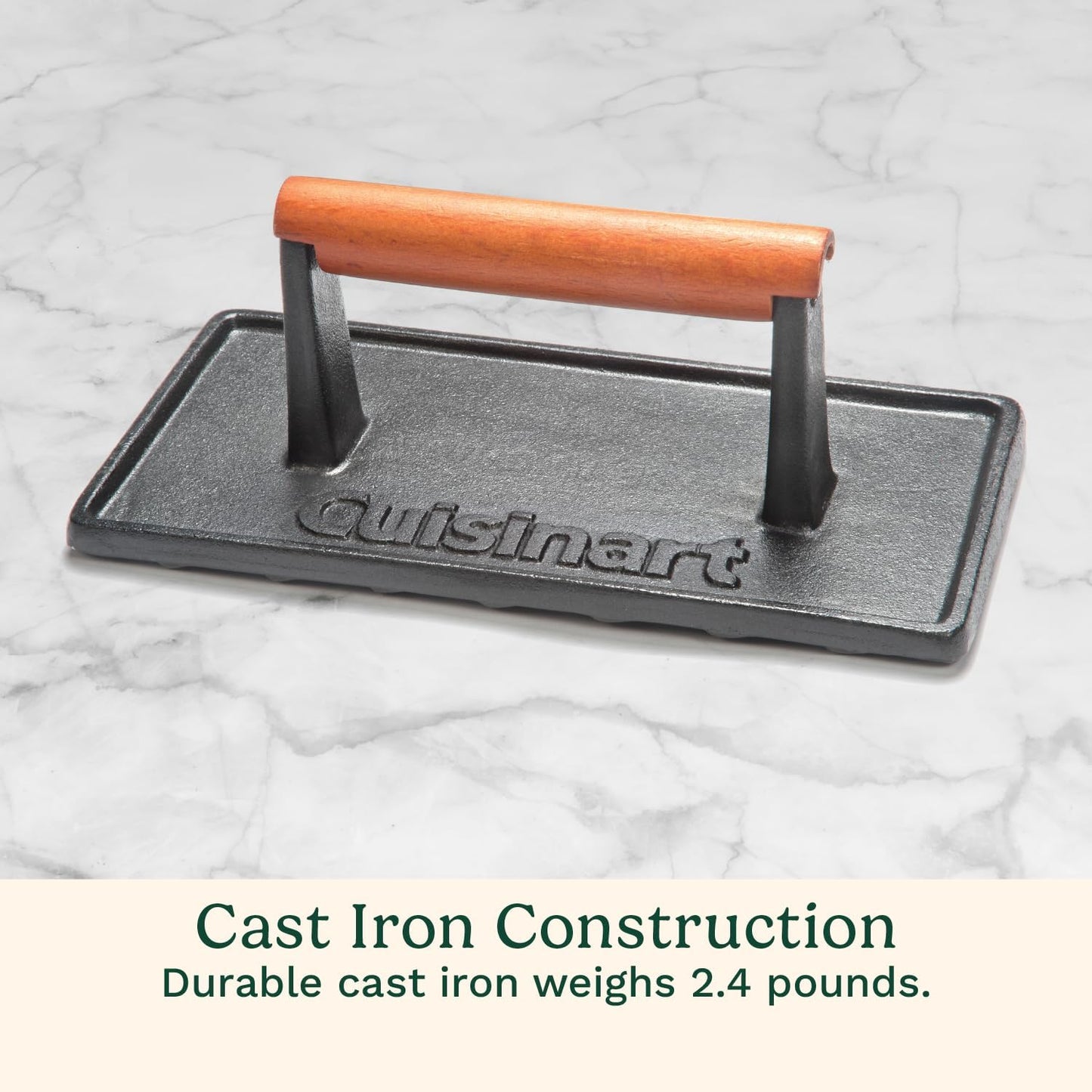 Cuisinart Cast Iron Grill Press with Wooden Handle, Heavy Duty Nonstick Rectangle Burger Press with Wood Handle, Perfect Grill Accessory for Steak, Bacon, Paninis and More