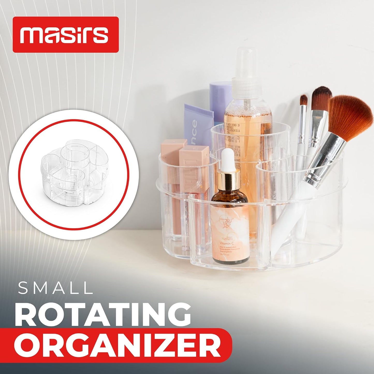 Masirs Small Rotating Makeup Organizer - Mini Yet Spacious Cosmetic Storage Solution with Multiple Compartments - The Perfect Spinning Make-Up Caddy for Vanity or Bathroom Counter (Round - Clear)
