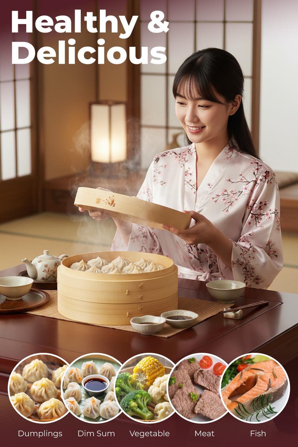 Prime Home Direct Bamboo Steamer Basket 8-Inch | 2-Tier Steamer for Cooking | 50 Liners | Small Instant Steaming Cookware Asian Food, Bao Buns, Chinese, Dim Sum, Dumpling, Rice, Vegetable Steam Pot