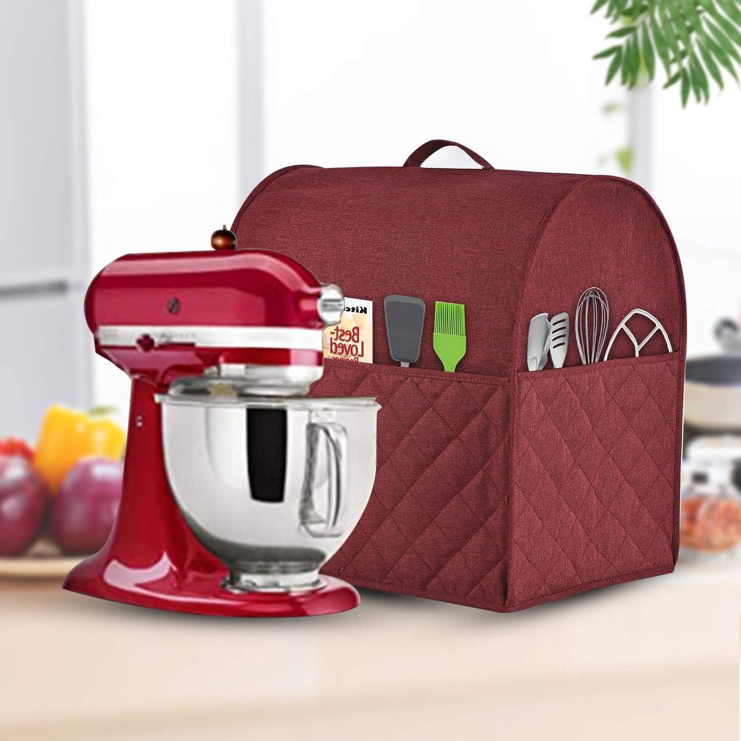 Stand Mixer Dust-proof Cover for KitchenAid Mixer，Multi Pockets for Various Kitchen Appliance Accessories，Water-resistant，Easy Cleaning (Wine red, Fit for Bowl Lift 5-8 Quart)