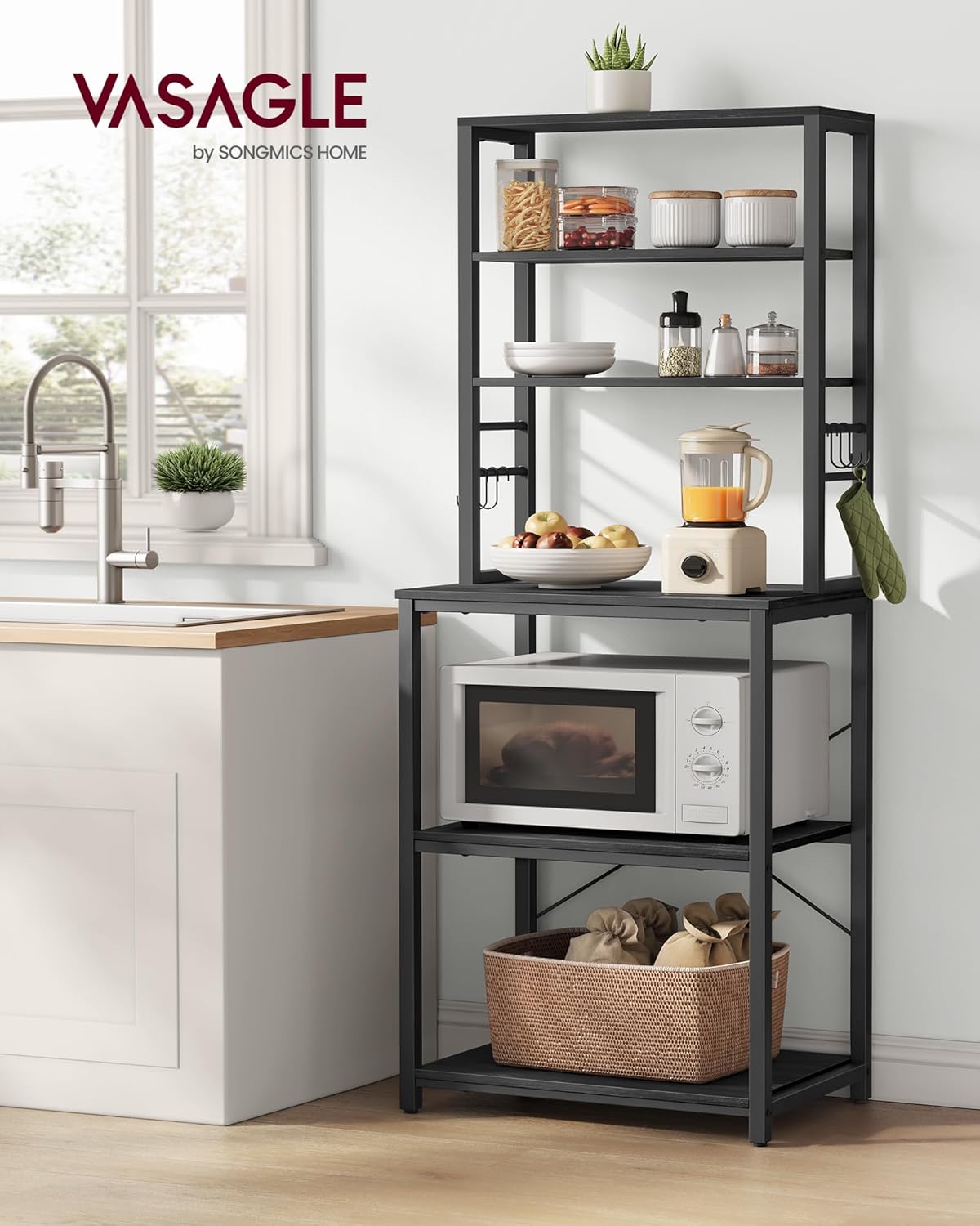VASAGLE Coffee Bar, Baker’s Rack for Kitchen with Storage, 6-Tier Kitchen Shelves with 6 Hooks, Microwave Stand, Industrial, 15.7 x 23.6 x 65.7 Inches, Charcoal Gray and Black UKKS024B22