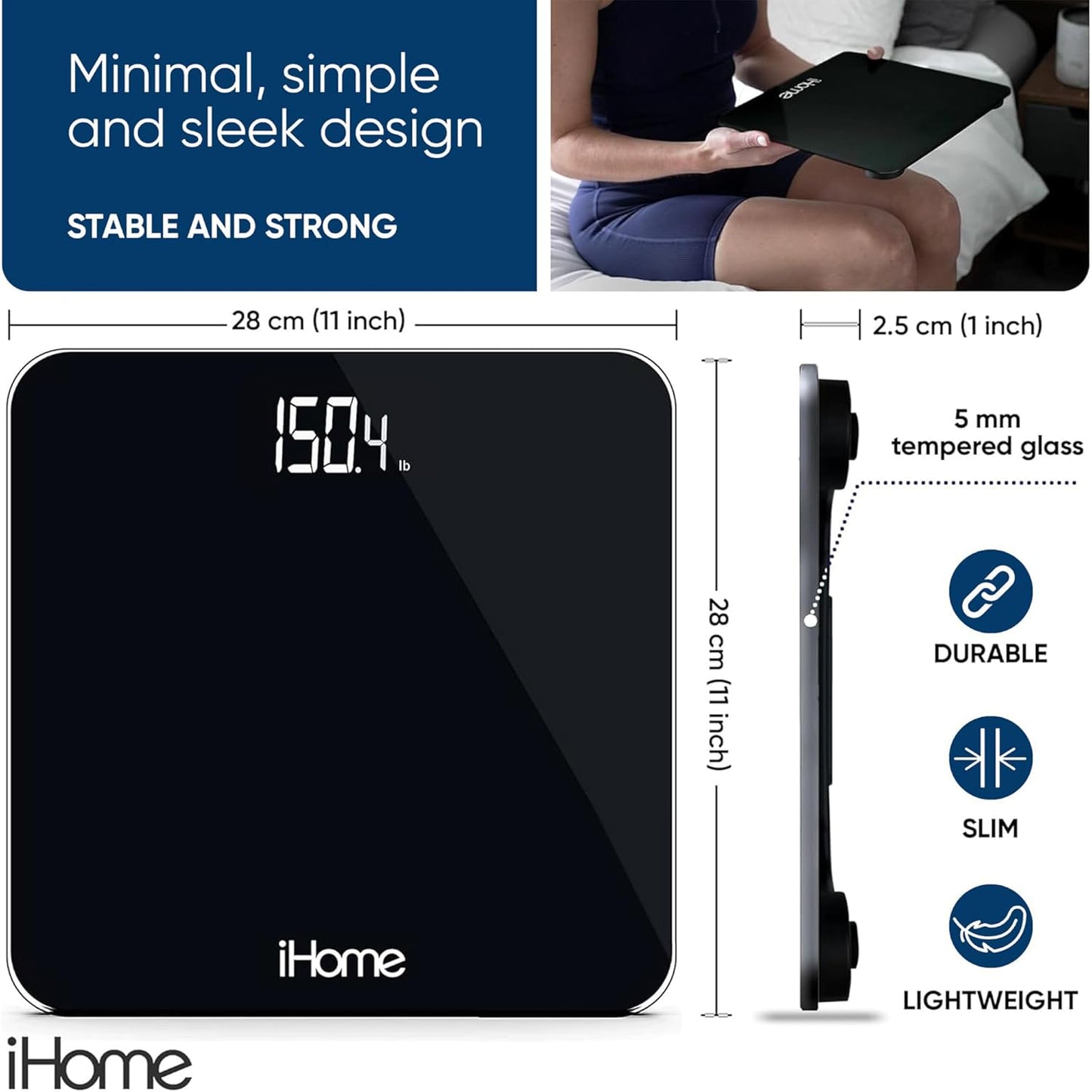 iHome Digital Scale, Bathroom Scale, Batteries Included, Scale Body Weight, Weight Scale, Bathroom Scales for Weight, Digital Scales for Body Weight (Black)