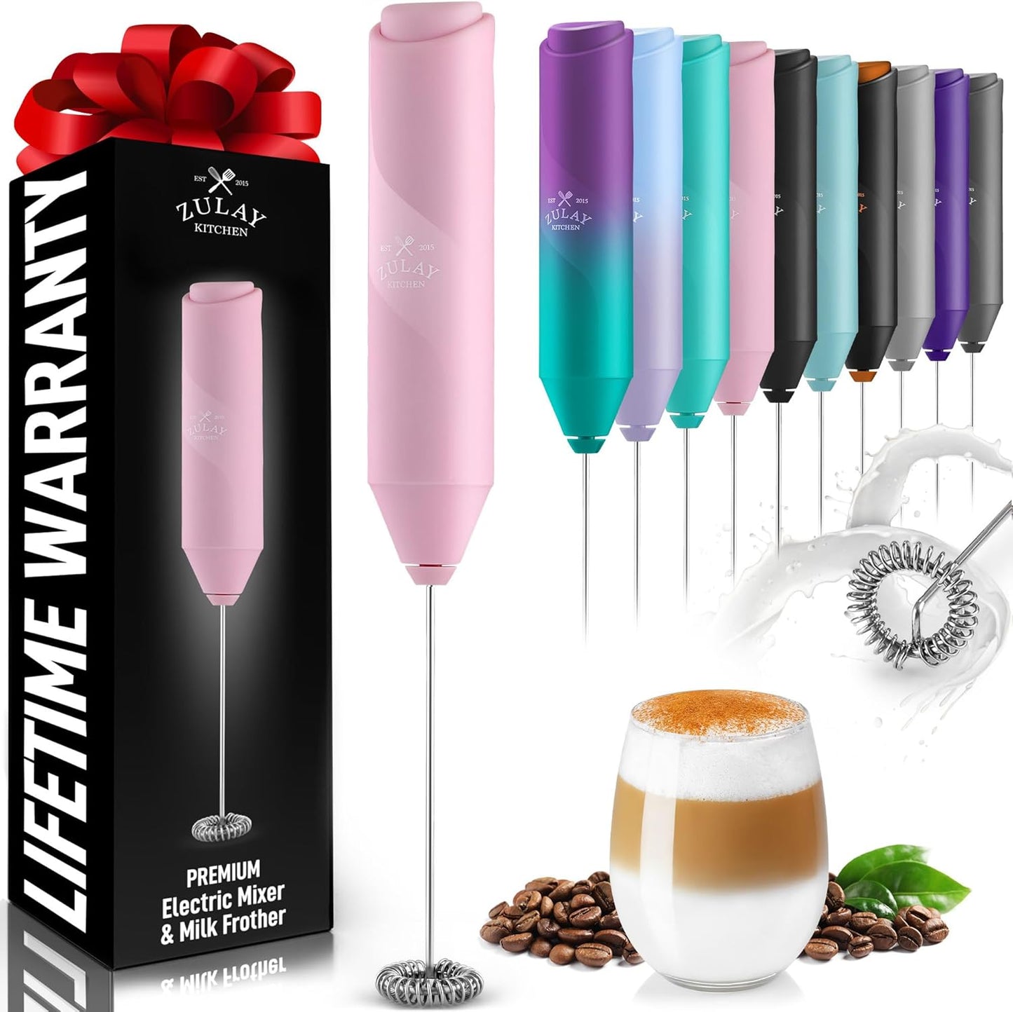 Zulay Kitchen Milk Frother Handheld Battery Operated – Electric Drink Mixer for Coffee, Lattes, Cappuccinos, Matcha & Hot Chocolate – Portable Foam Maker & Coffee Bar Accessory