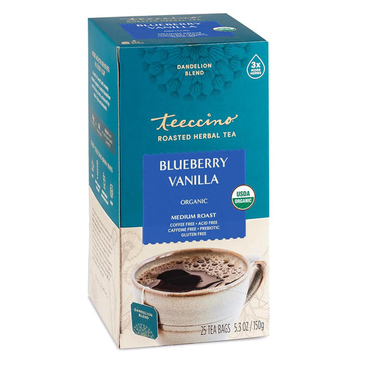 Teeccino Dandelion Blueberry Vanilla Herbal Tea - Rich & Roasted Herbal Tea That’s Caffeine Free & Prebiotic for Natural Energy, Coffee Alternative, 25 Count