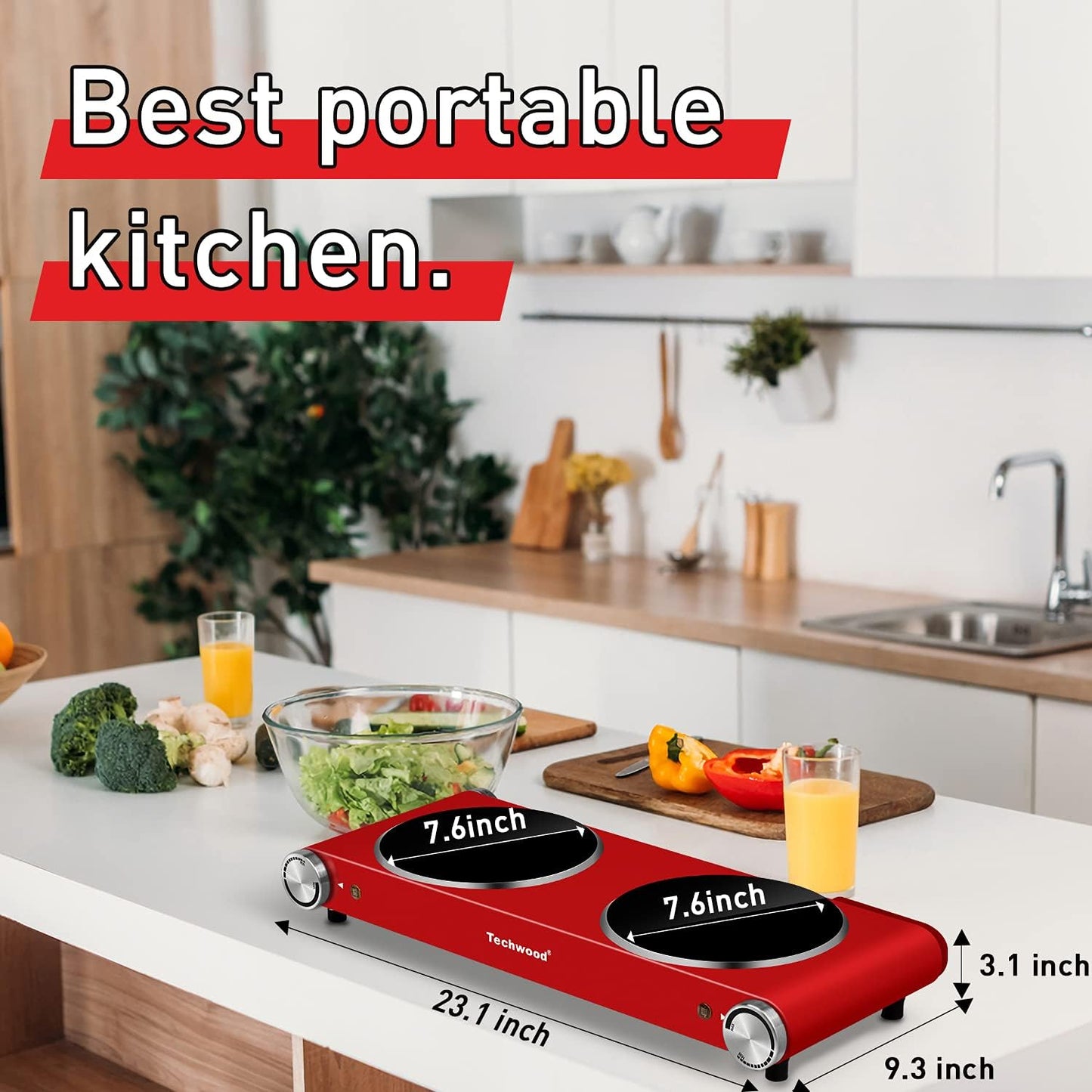 Hot Plate, Techwood 1800W Dual Electric Stoves, Countertop Stove Double Burner for Cooking, Infrared Ceramic Hot Plates Double Cooktop, Red, Brushed Stainless Steel Easy To Clean Upgraded Version, Red