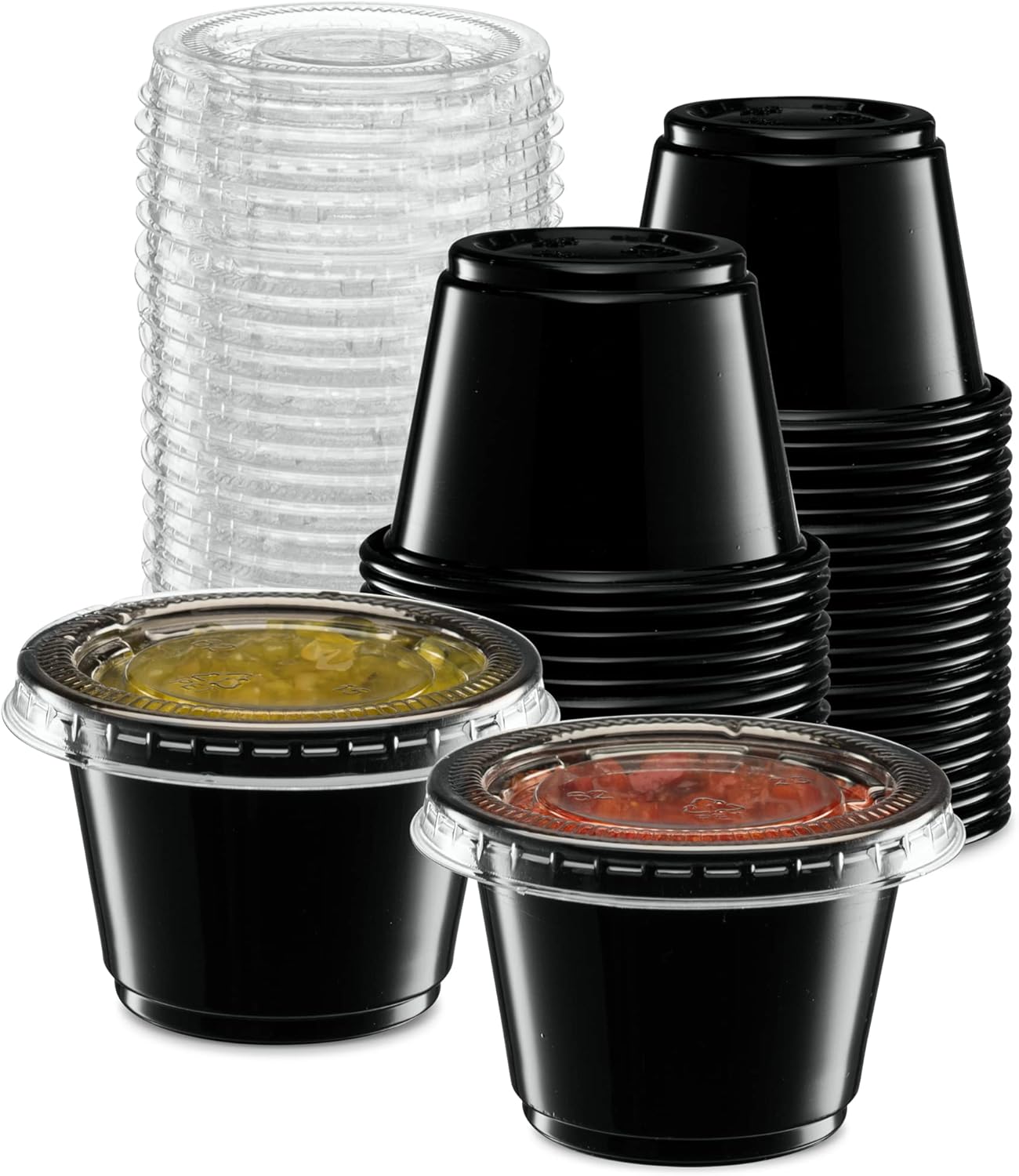 {2.5 oz - 100 Sets} Black Diposable Plastic Portion Cups With Lids, Small Mini Containers For Portion Controll, Jello Shots, Meal Prep, Sauce Cups, Slime, Condiments, Medicine, Dressings, Crafts,