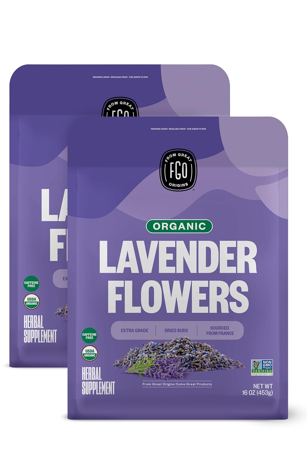 FGO Organic Dried Lavender Flowers, Extra Grade Dried Buds, Imported From France for Culinary or Sachet Bags, 16oz Bulk, Packaging May Vary (Pack of 2)