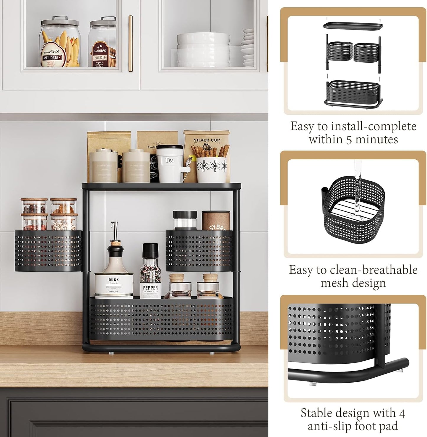 KINGRACK Bathroom Counter Organizer, 3 Tier Rotating Vanity Bedroom Storage cabinet, Cosmetic Holder Standing Shelf, Bathroom Tray for Countertop Storage, Kitchen Spice Rack, Black