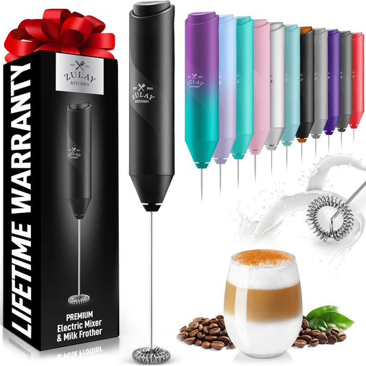 Zulay Powerful Milk Frother Wand - Mini Handheld Stainless Steel - Battery Operated Drink Mixer for Coffee, Lattes, Cappuccino, Matcha - FrothMate Gift - Black