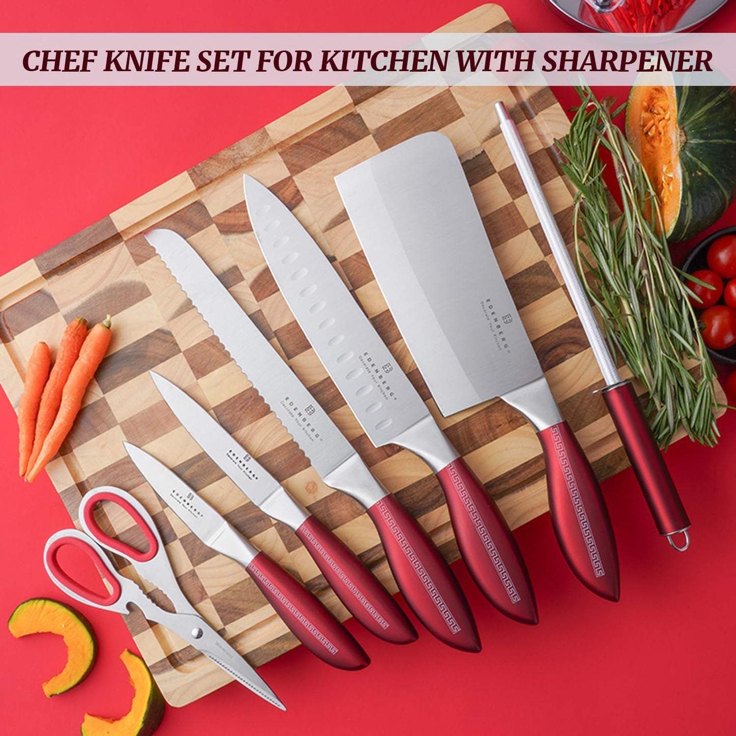 Kitchen Knife Set, Retrosohoo 9-Piece Red Sharp Non-Stick Coated Chef Knives Block Set,Stainless Steel Knife Set for Kitchen with Sharpener for Cutting Slicing Dicing Chopping (Red)