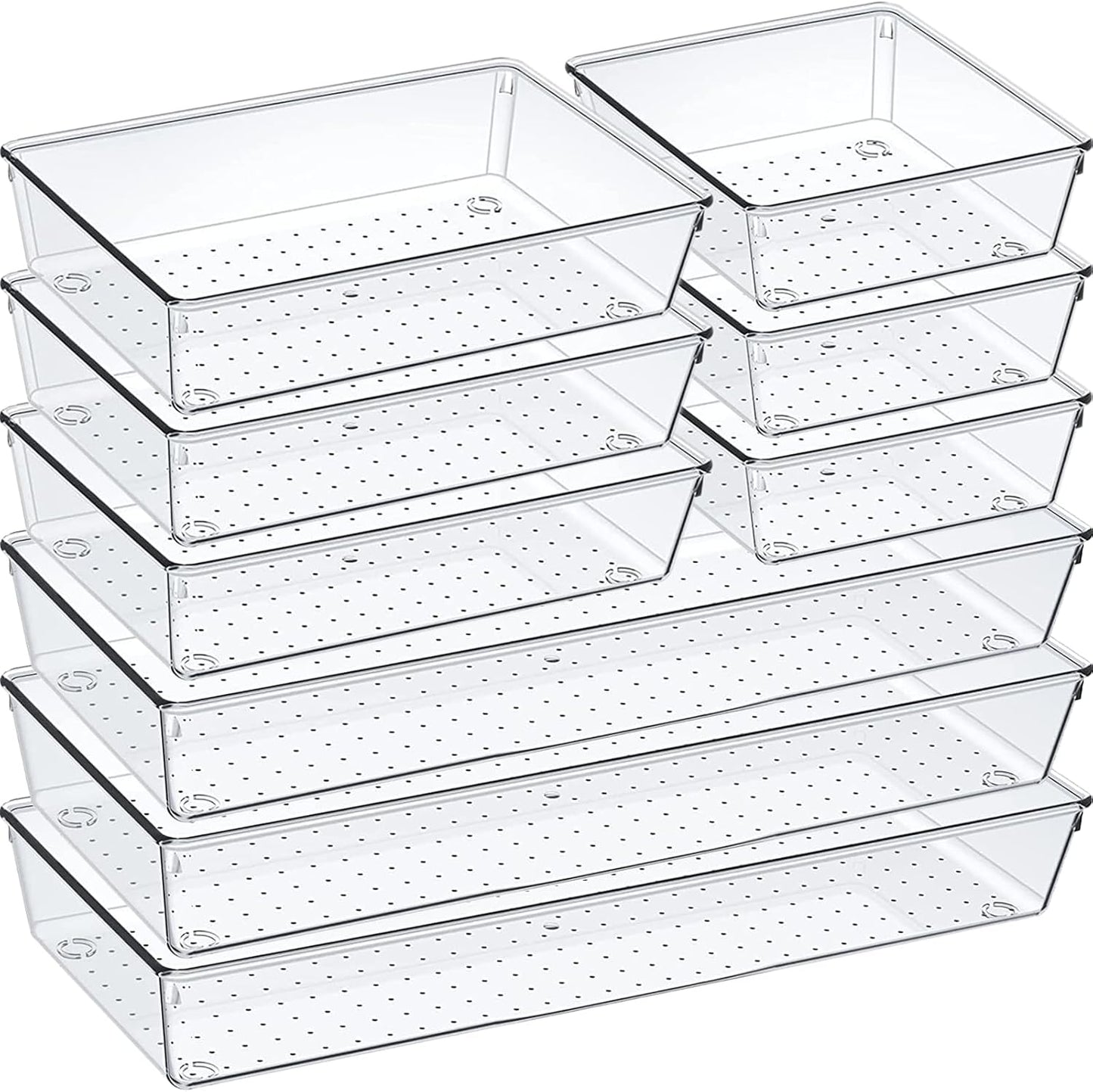 9 Pack Clear Plastic Drawer Organizer Set, Acrylic Non Slip Non Cracking Kitchen Drawer Storage Tray Large Size Divider, Multifunctional Storage for Cosmetics, Bathroom, Tools, Kitchen and Office