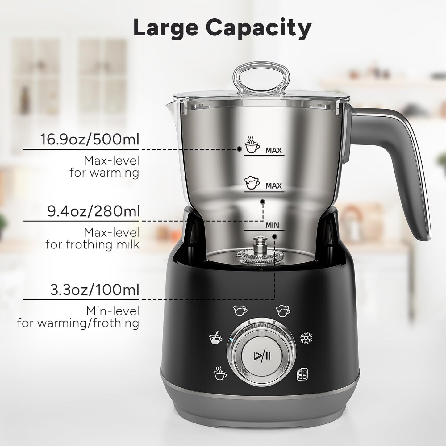 6-in-1 Electric Milk Frother and Steamer with Detachable Cups, Automatic Cold and Warm Foam Maker for Lattes/Cappuccinos/Hot Chocolate, Dishwasher Safe Black
