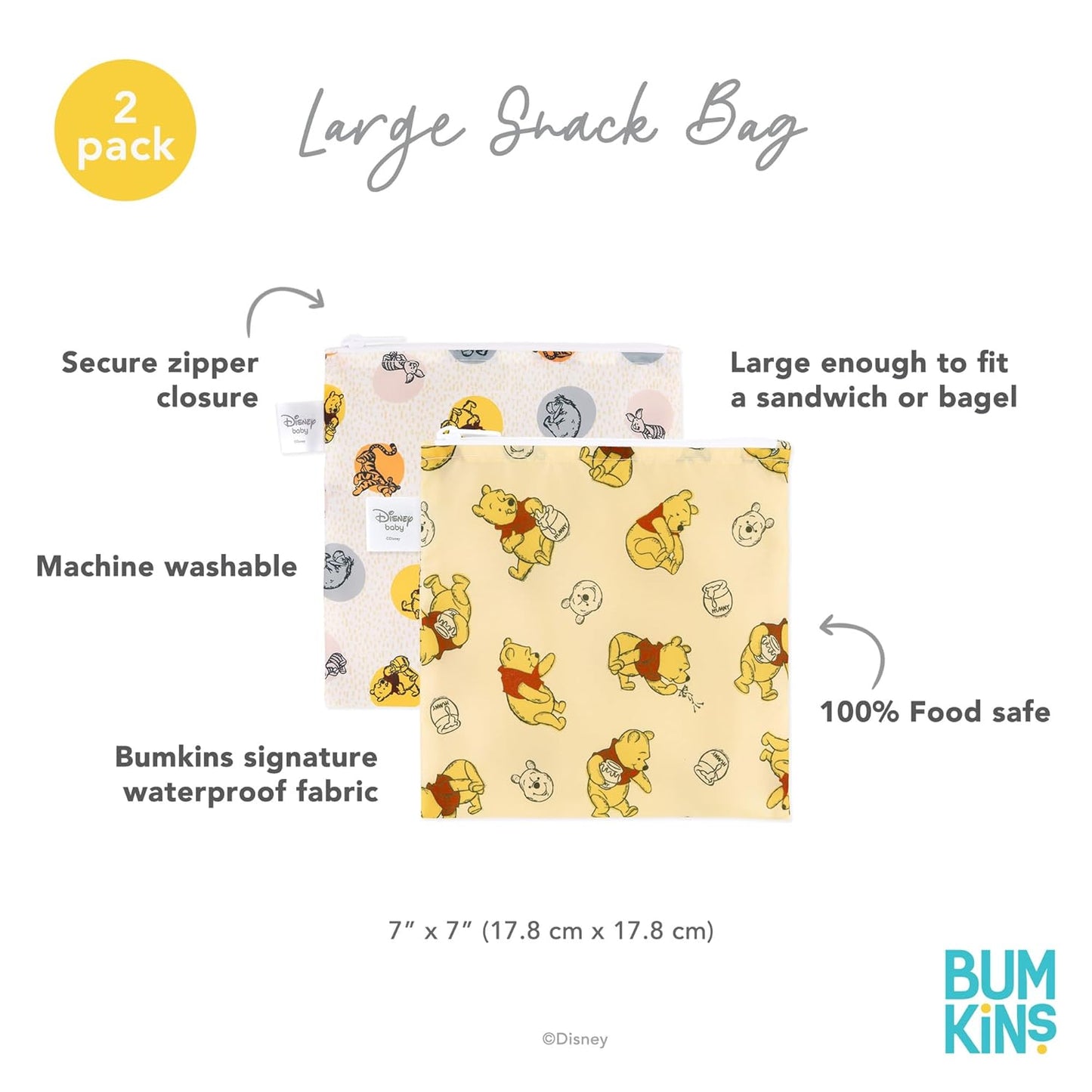 Bumkins Disney Reusable Sandwich and Snack Bags, for Kids School Lunch and for Adults Portion, Washable Fabric, Waterproof Cloth Zip Bag, Travel Pouch, Food-Safe Storage, Large 2-pk Winnie the Pooh