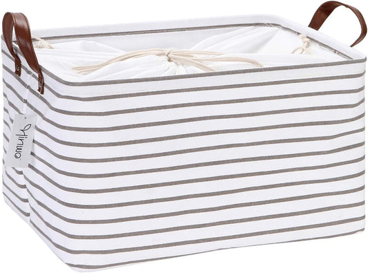 Hinwo 31L Large Storage Bins, Closet Organizers and Storage, Shelf Baskets, Foldable Clothes Storage Baskets with Handles, Containers for Clothing, Blanket, Towels, Toys, Bedding (Gray Stripe)