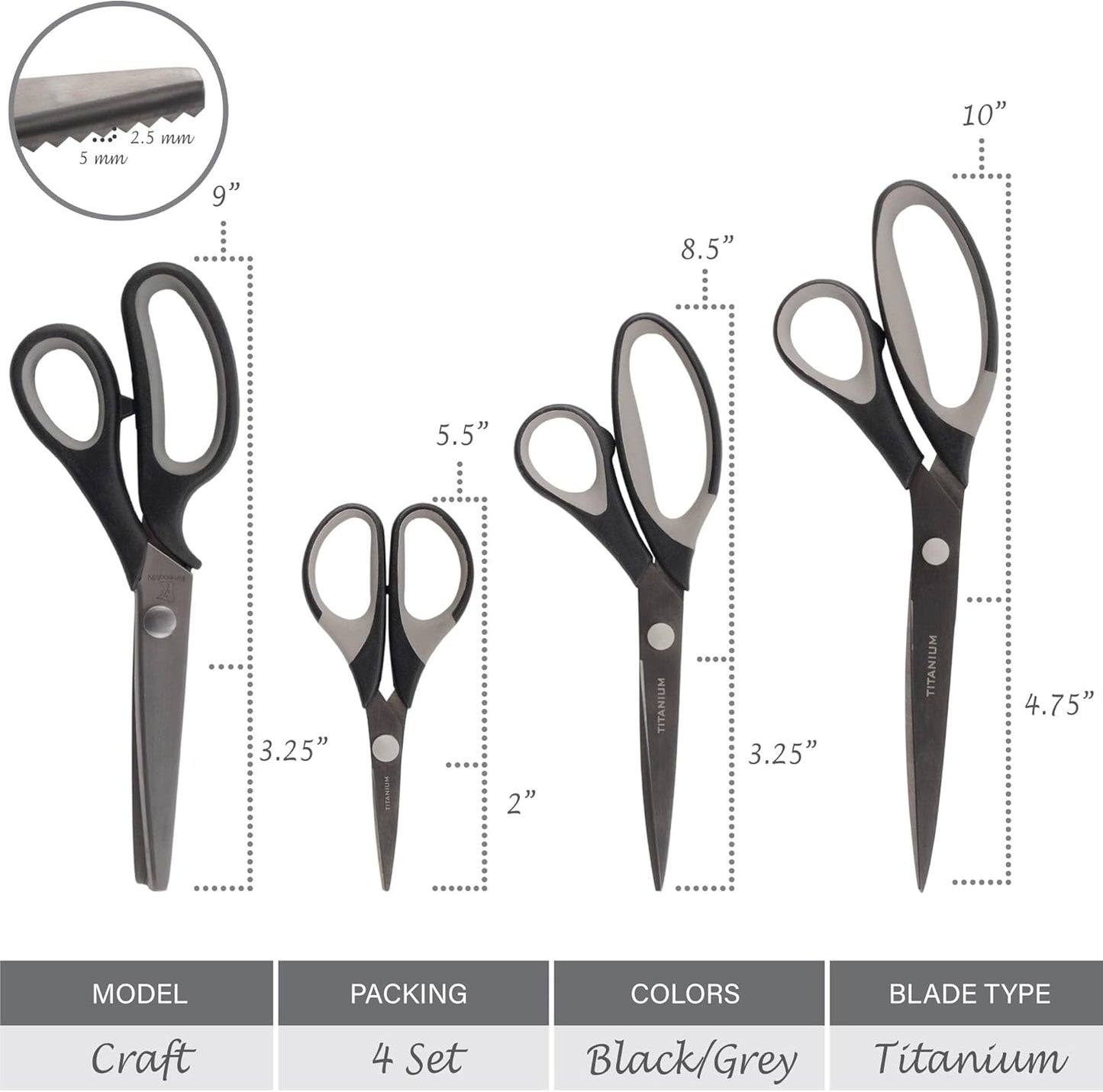 BambooMN Titanium Softgrip Scissors Set - Pinking, Sewing, Arts, Crafts, Office - 3 Sets of 4 - Black w/Grey Inlays