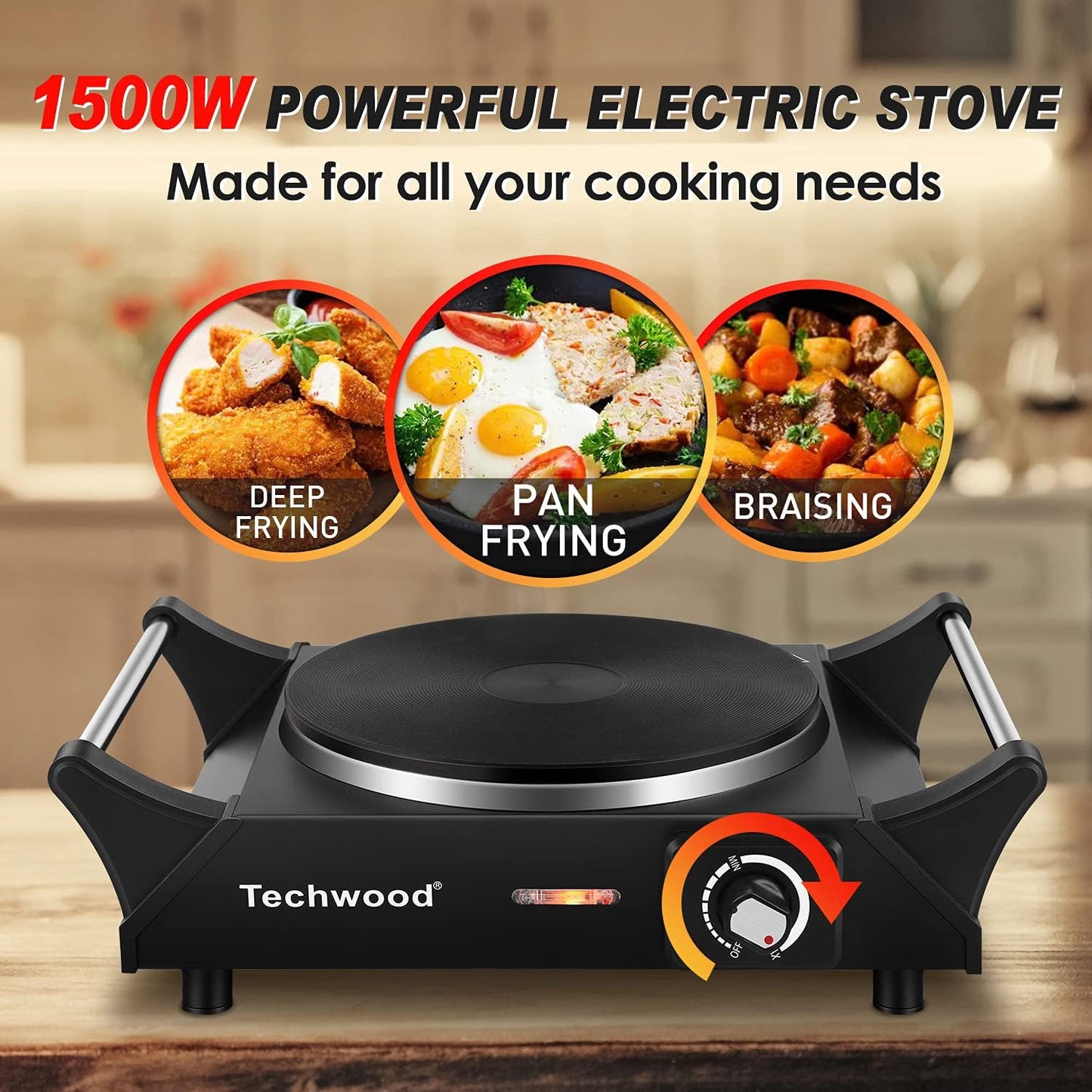 Hot Plate, Techwood Electric Stove for Cooking, 1500W Countertop Single Burner with Adjustable Temperature and Handles, 7.3” Cooktop for RV/Home/Camp, Compatible for All Cookwares Black