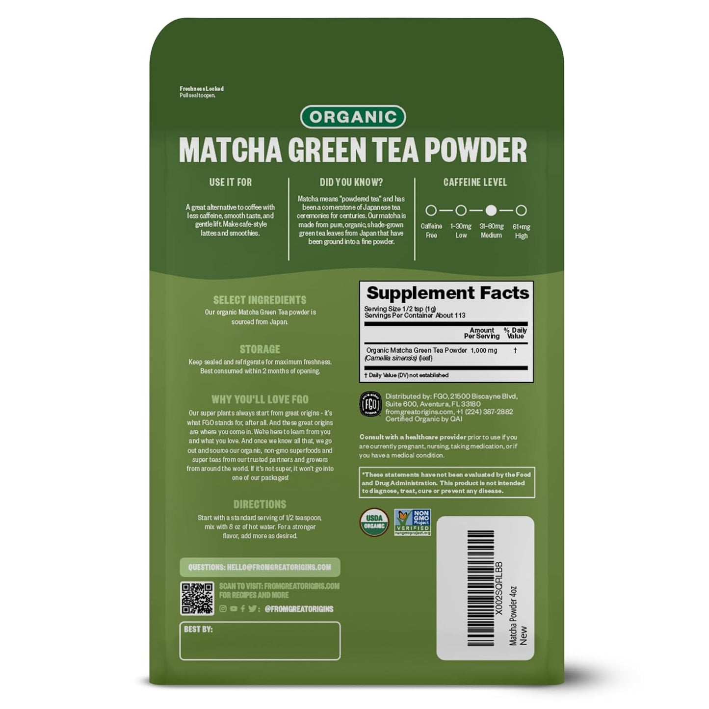 FGO Organic Matcha Green Tea Powder, Japanese Culinary Grade for Cooking, Baking, and Smoothies, 4 Ounce Resealable Bag, Packaging May Vary (Pack of 1)