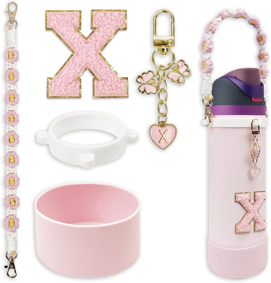 SITKOL Silicone Boot Cute Monogram Set Compatible with Owala Water Bottle 24 oz, 32 oz, 40 oz - Perfect Letter Owala Accessories for Owala Tumbler, Owala Free Sip, Pink Owala, Black Owala