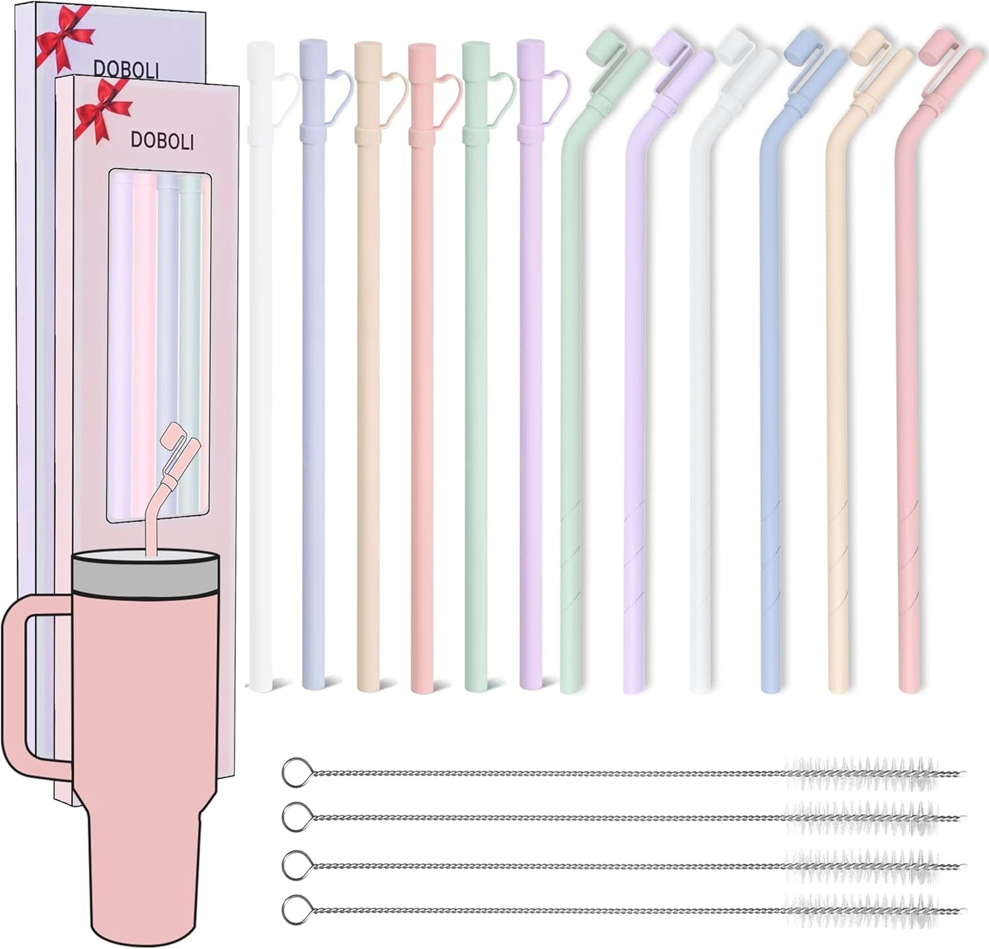 Doboli 12 Pack Replacement 12&13 inch Long Silicone Straw With Straw Cover,Compatible with Stanley 40 oz 30 oz Cup Tumbler, Reusable Straws with Cleaning Brush,for Stanley Tumbler Accessorie