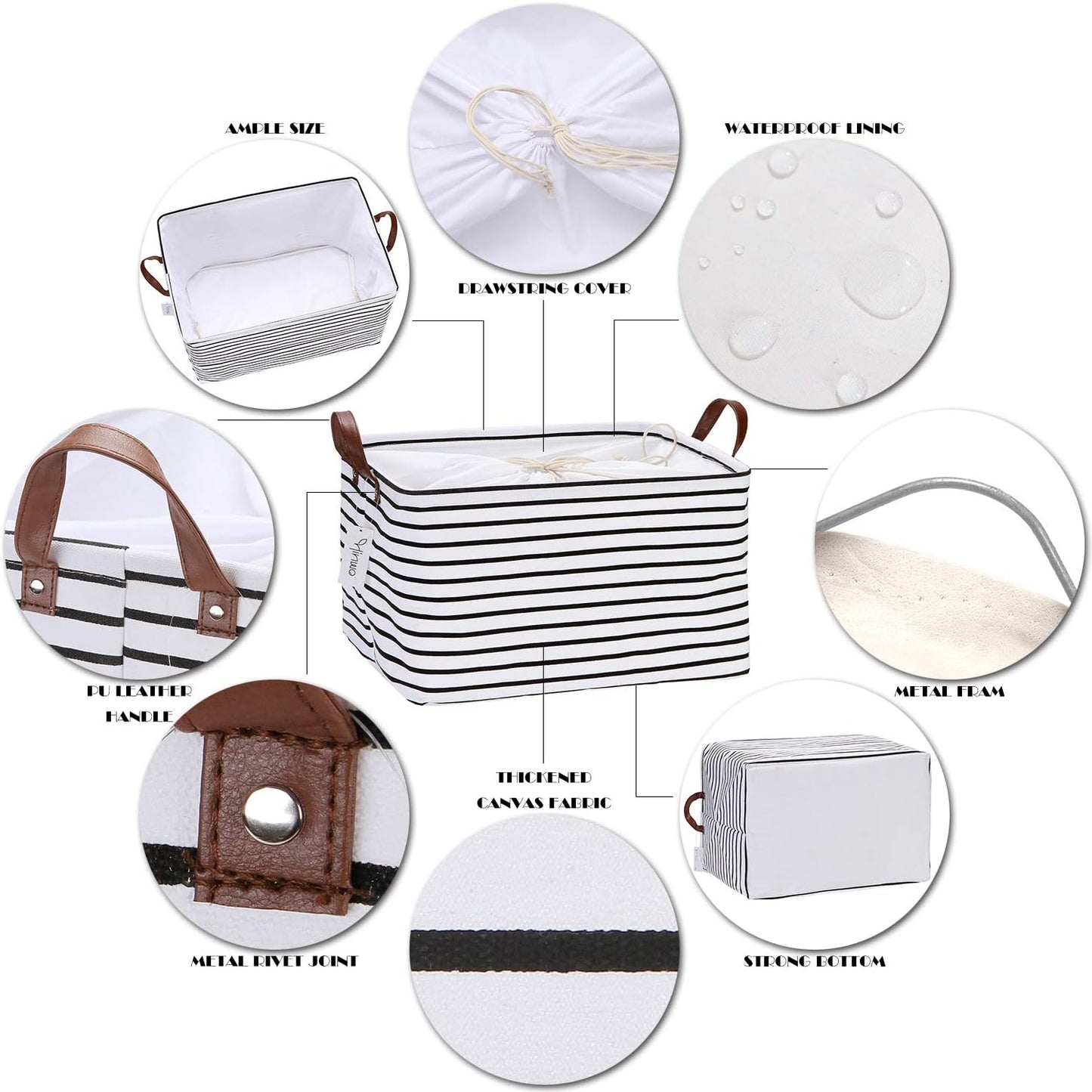 Hinwo 2-Pack Large Canvas Fabric Storage Baskets with Handles, 31L Rectangle Storage Bins, Collapsible Storage Box, Clothes, Toys, Blankets Organizers, 16.5 x 11.8 x 9.8 inches, (Black Stripe)