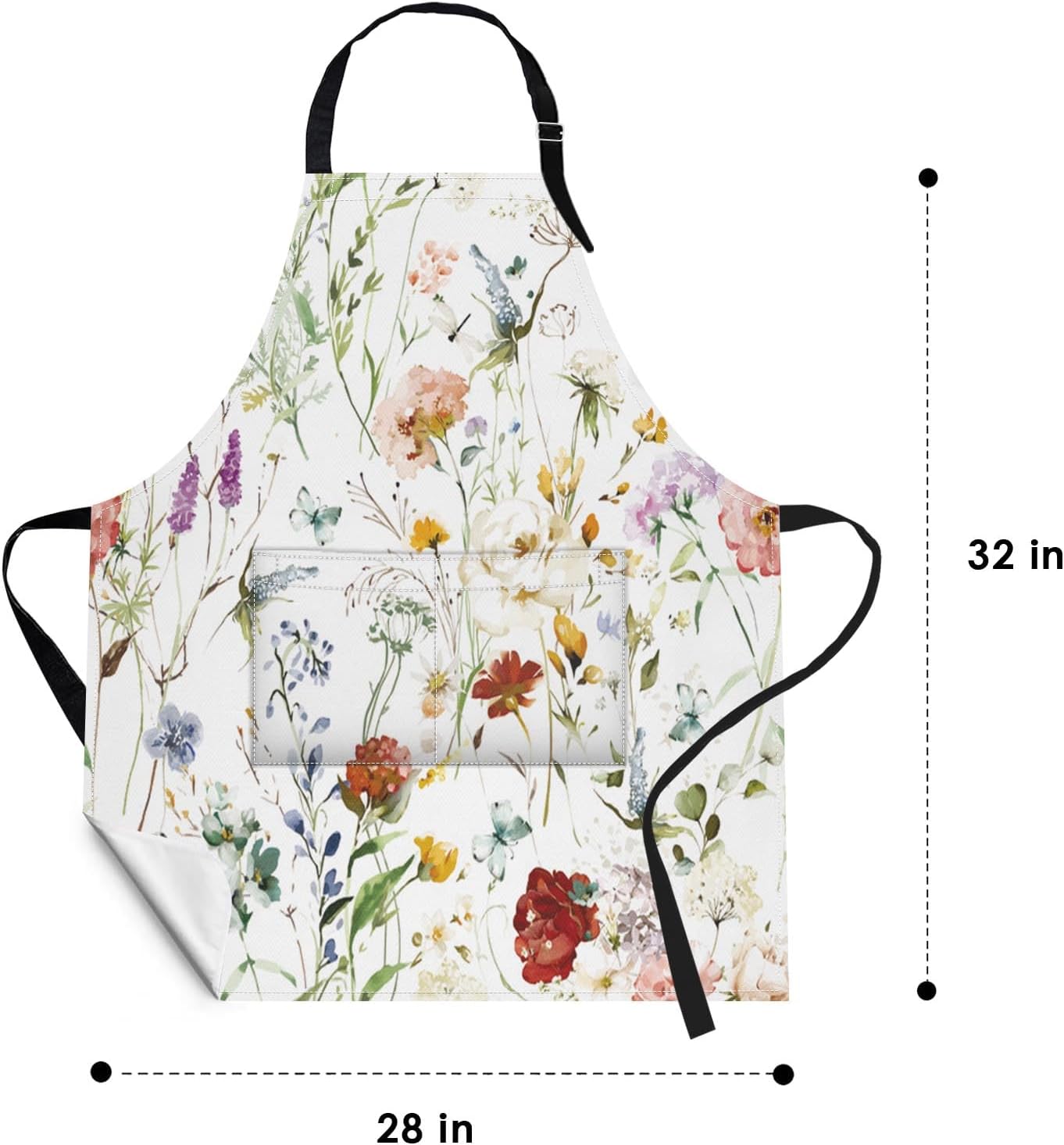 Britimes Apron Home Kitchen Cooking Baking Gardening for Women Men With Pockets Wildflower Flower Floral Boho Butterfly Hydrangea 32x28 inch