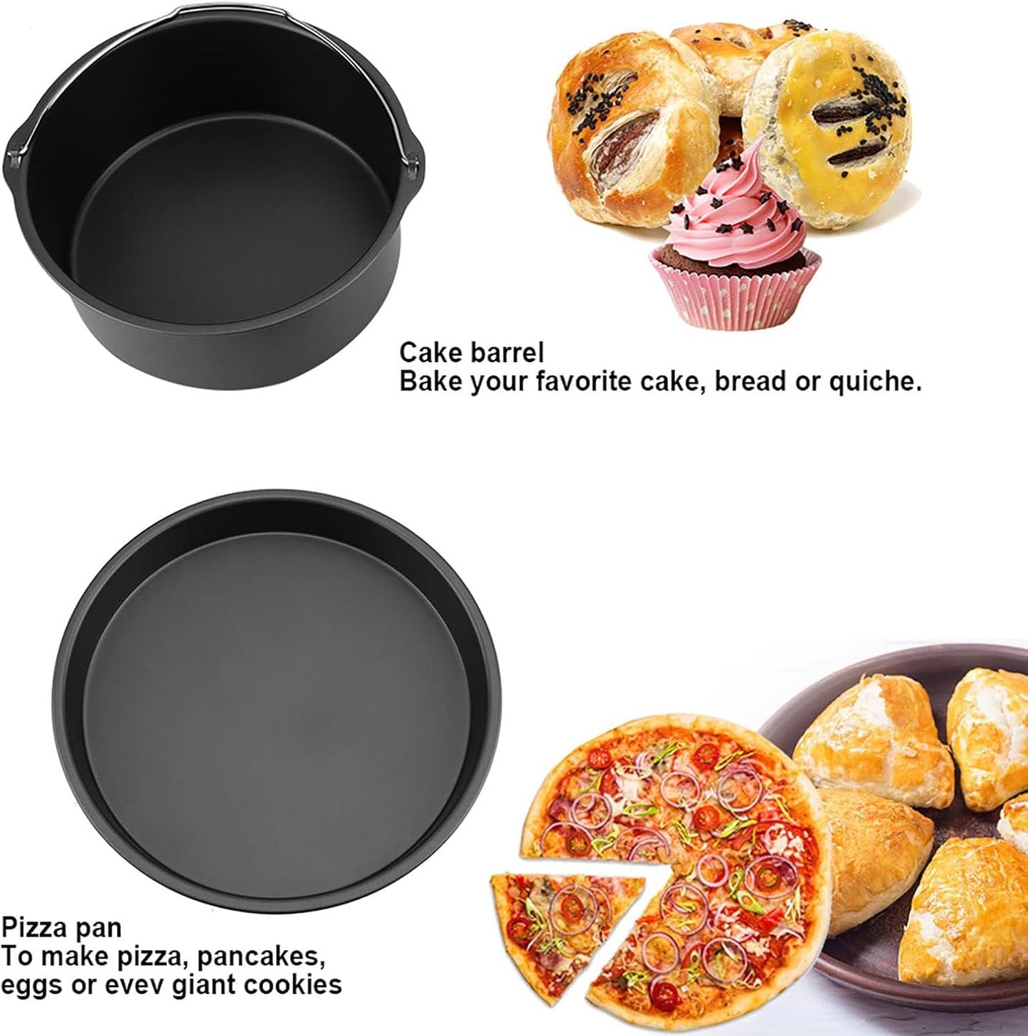 Air Fryer Baking Pan 8 Inch,3-Piece Set with Cake Pan, Pizza Tray & Grill Plate for 4Qt-5.6Qt Air Fryers (Black)