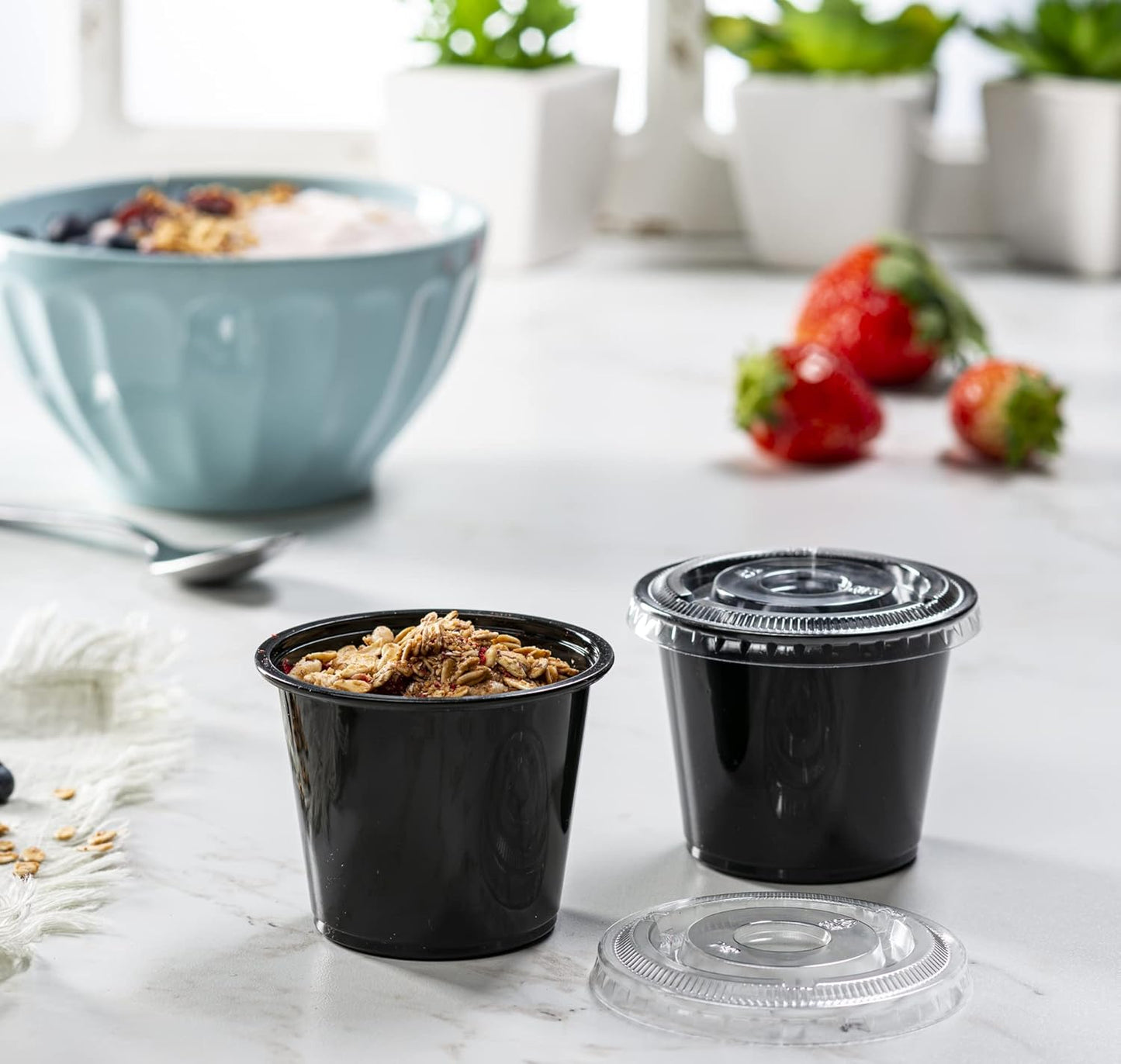 (5 oz - 100 Sets) Black Diposable Plastic Portion Cups With Lids, Small Mini Containers For Portion Controll, Jello Shots, Meal Prep, Sauce Cups, Slime, Condiments, Medicine, Disposable Souffle Cups