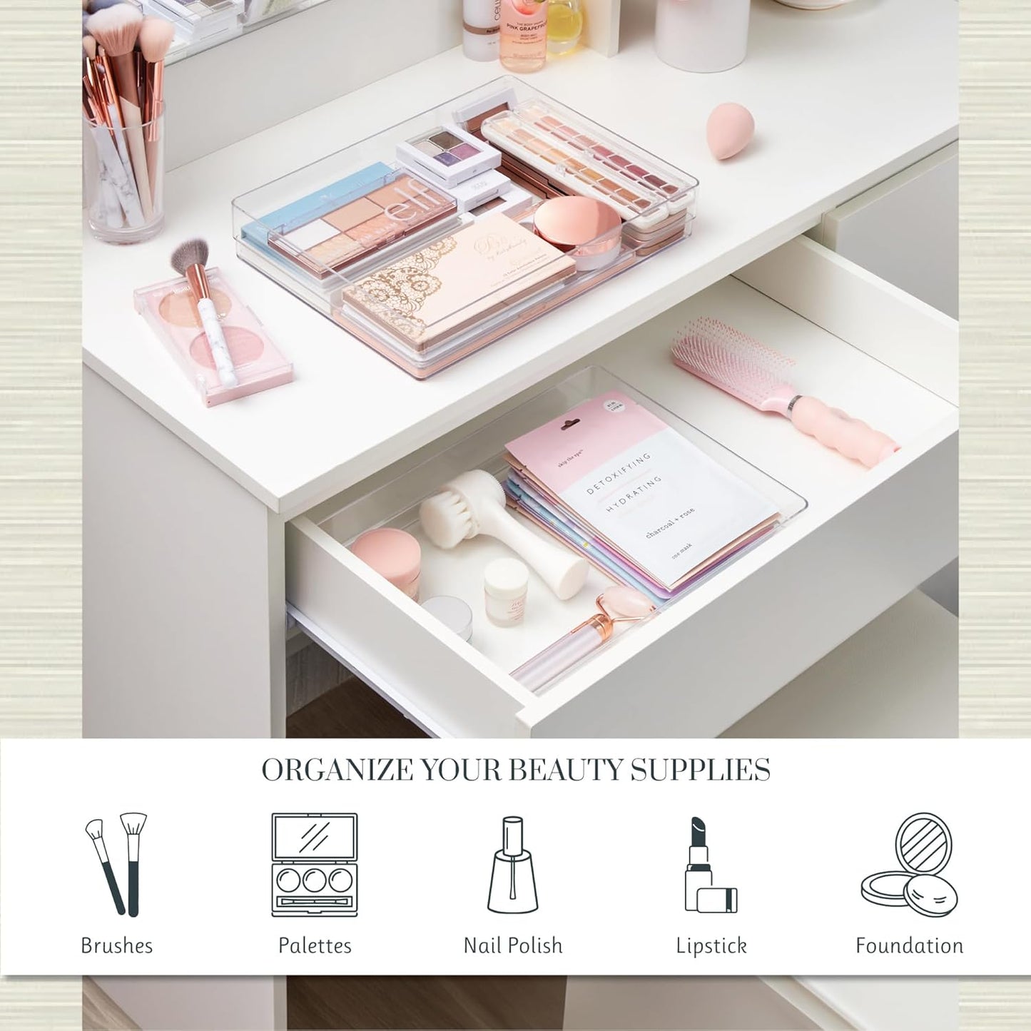 STORi SimpleSort 2-Piece Stackable Clear Drawer Organizer Set | 12" x 9" x 2" Rectangle Trays | Wide Makeup Vanity Storage Bins and Office Desk Drawer Dividers | Made in USA