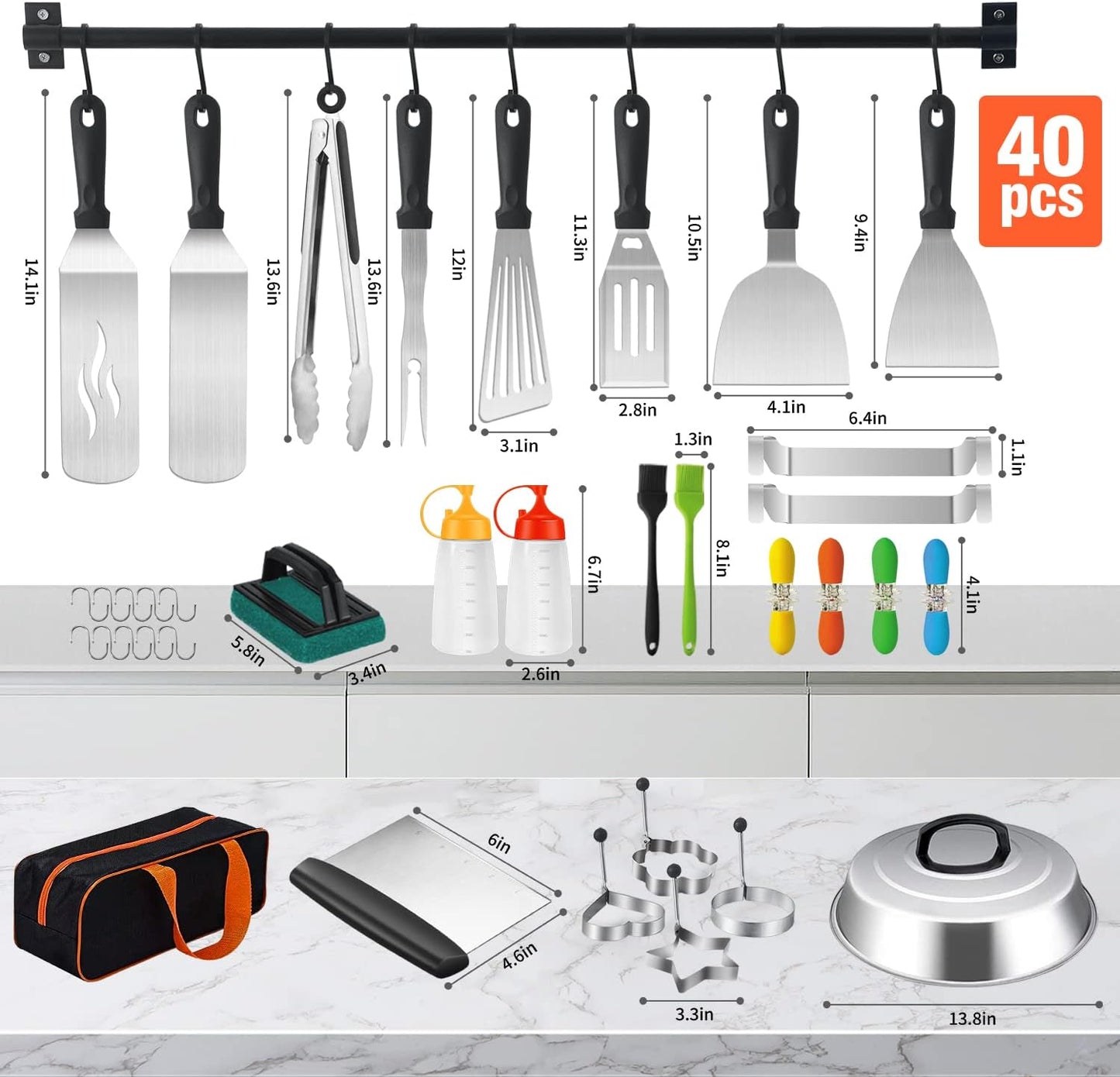 40 Pcs Griddle Accessories Kit, Flat Top Grill Accessories Set for Blackstone and Camp Chef, Griddle Tools Set with Spatula, Basting Cover, Scraper, Bottle, Tongs, Egg Ring for Outdoor BBQ and Camping