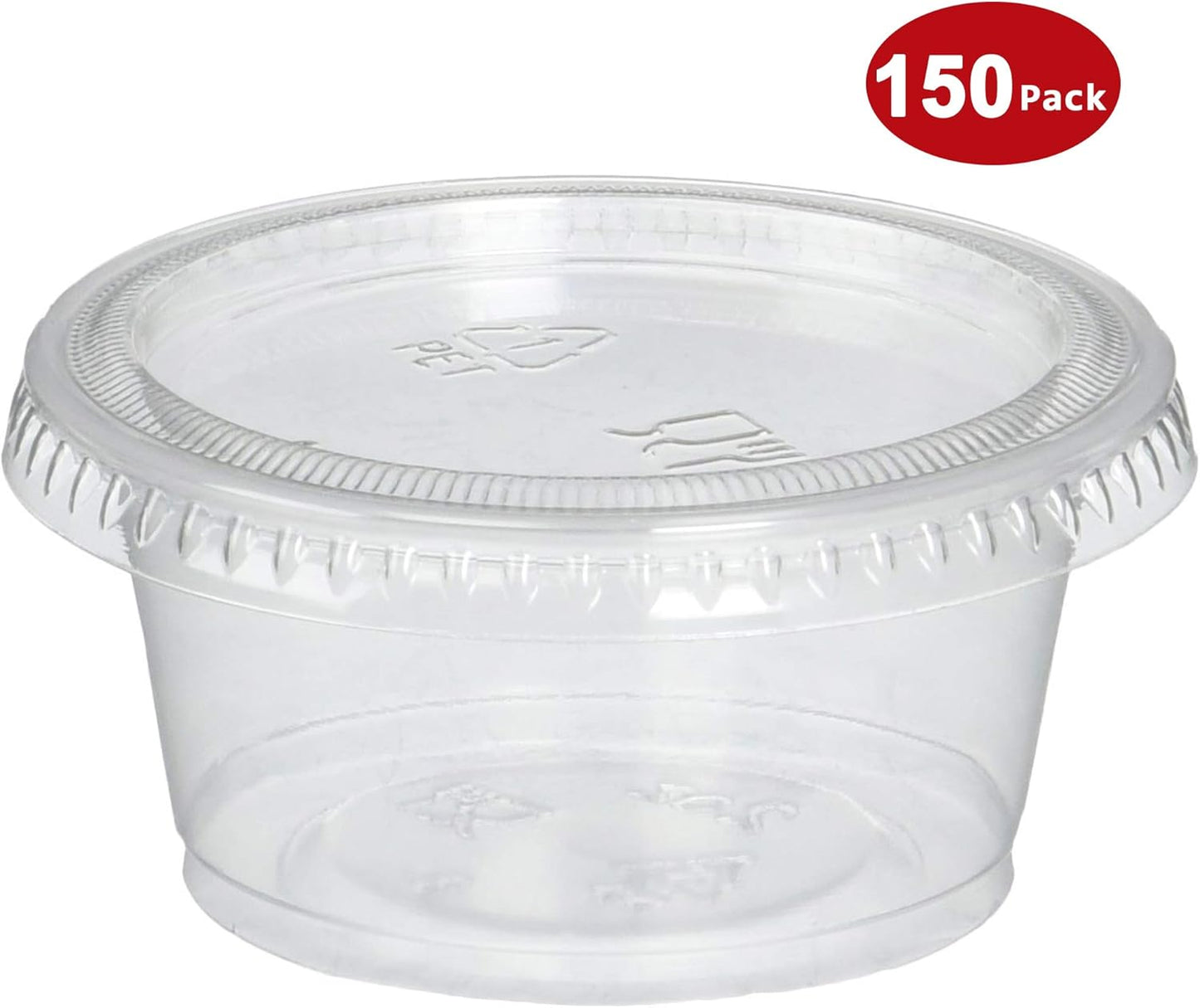 DuraHome Plastic Portion Cups with Lids 2 oz. Pack of 150 Leakproof Jello Shot Cup Mini Containers for Salad Dressing Sauce Condiment Snack Souffle and Salsa, Disposable