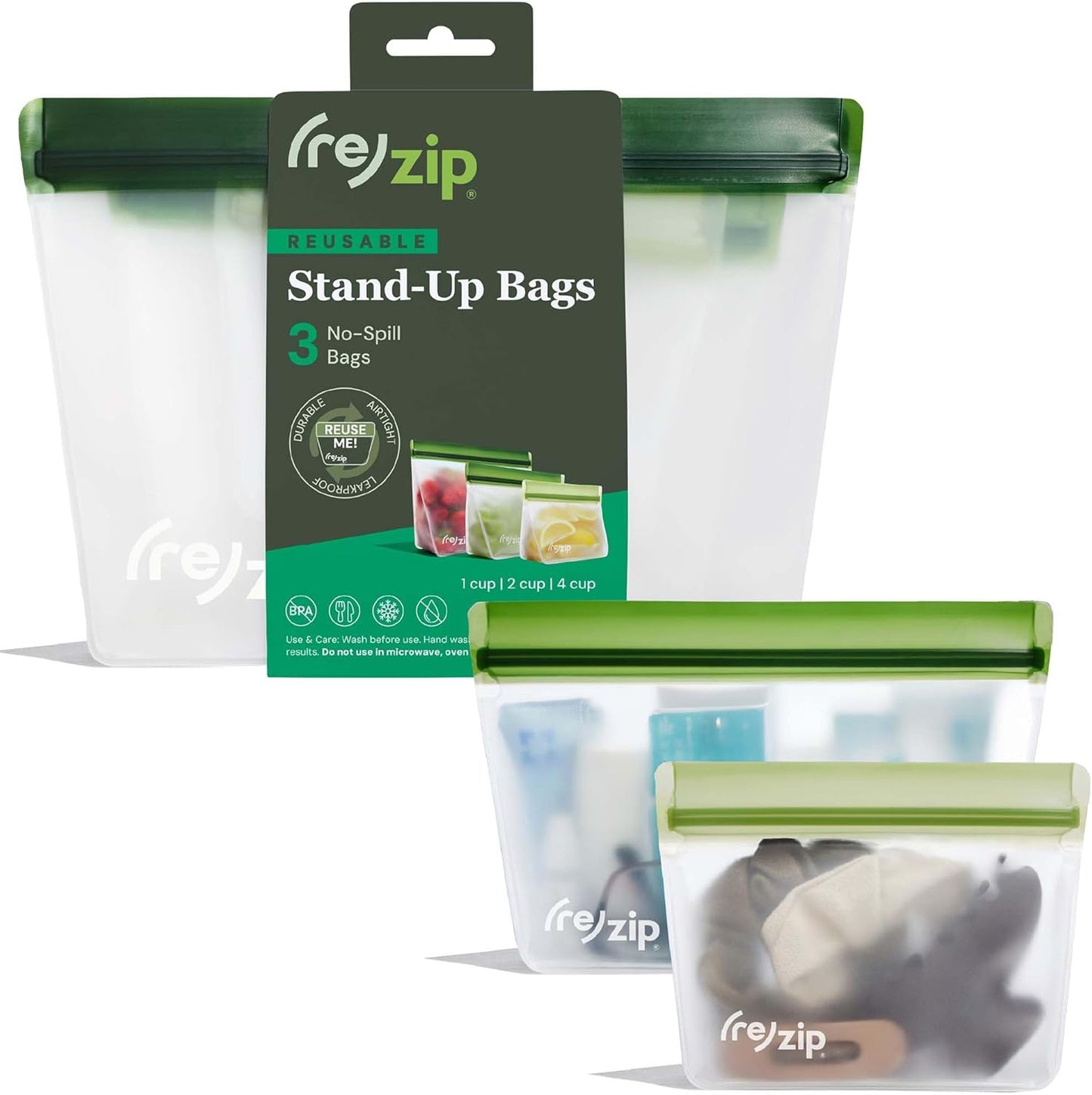 (re) zip 3-Piece TSA-Compliant Travel Bags | Stand-Up Style, Leakproof Storage for Toiletries, Cosmetics, Electronics, Snacks, Carry-On Organization | Quart (1), 2-Cup (1), Snack (1)