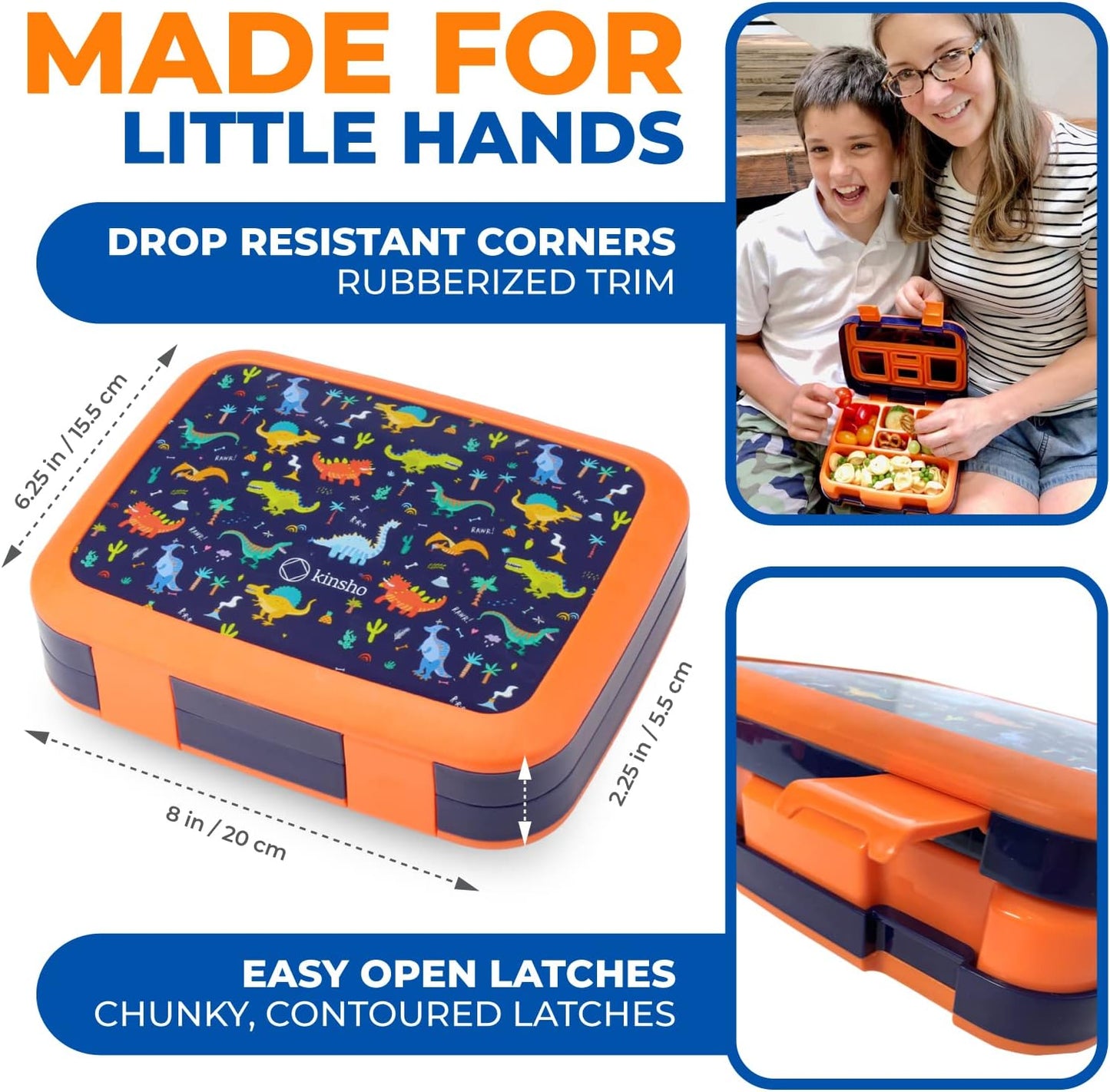 Dinosaur Bento Lunch Box for Boys Toddlers, 5 Portion Sections Secure Lid, Microwave Safe BPA Free Removable Plastic Tray, Pre-School Kid Daycare Lunches Snack Container Ages 3 to 7 Blue Orange