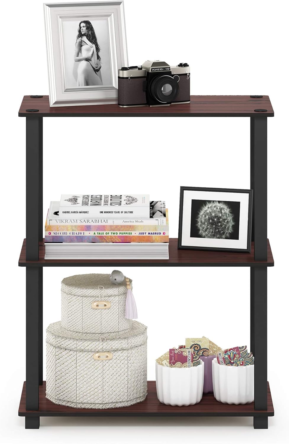 Furinno TURN-S-TUBE Storage Shelves, 3-Tier Book Shelf, Corner Shelf, Toolless Open Shelves, for Organization and Storage, Living Room, Garage, Home Office, Dark Cherry