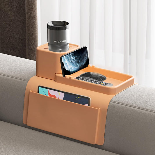 Couch Cup Holder Tray, VIENFUT Silicone Anti-Slip Sofa Armrest Tray with Side Pockets, BPA-Free Anti-Spill Couch Drink Holder for YETI, Remote, Snacks, Cellphone and iPad, Ideal Gift (Peach)