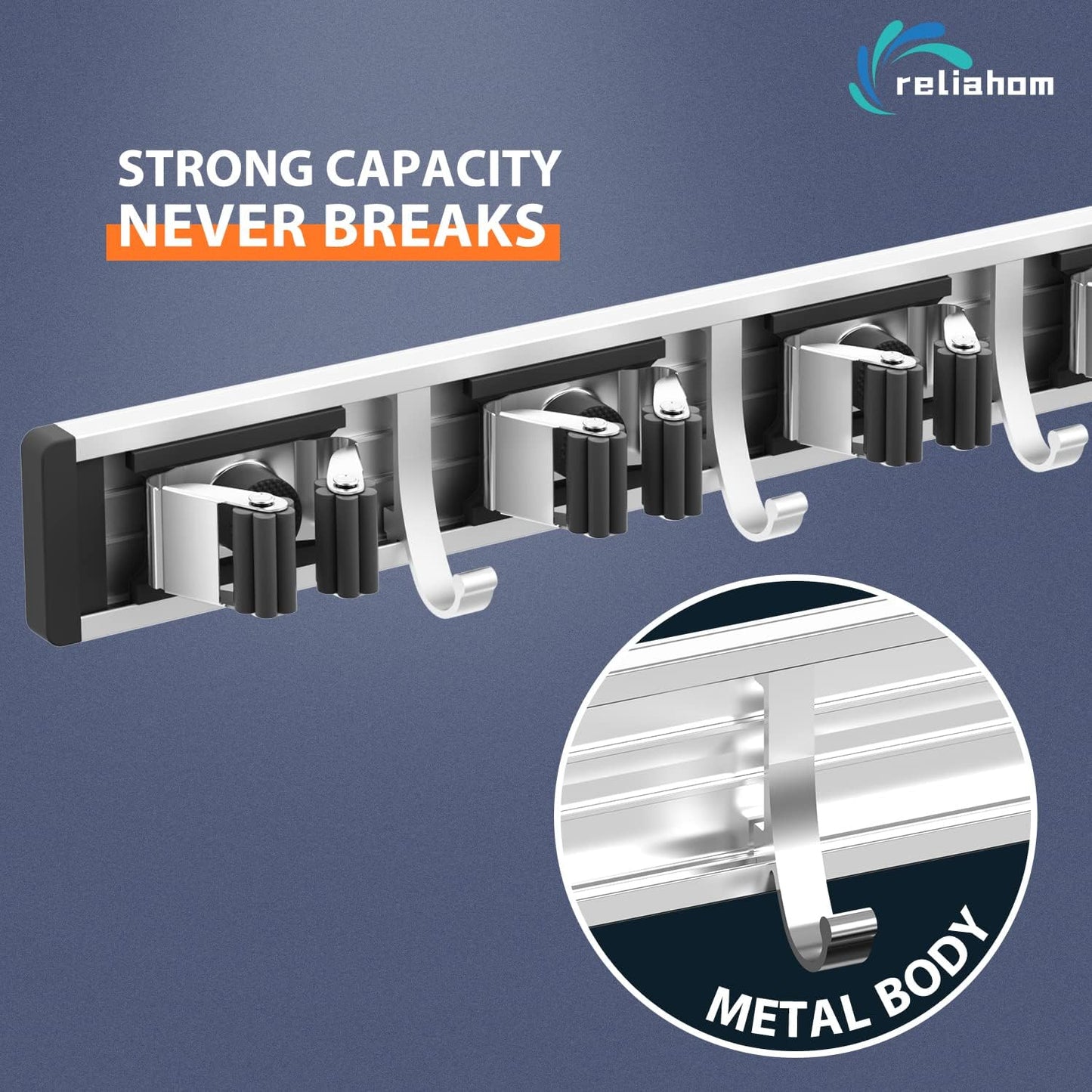 reliahom 2 Pack Broom Holder Wall Mount Mop and Broom Hanger Wall Mounted Garage Storage Rack Kitchen Garden Tool Organizer (5 Racks with 4 Hooks, Black)