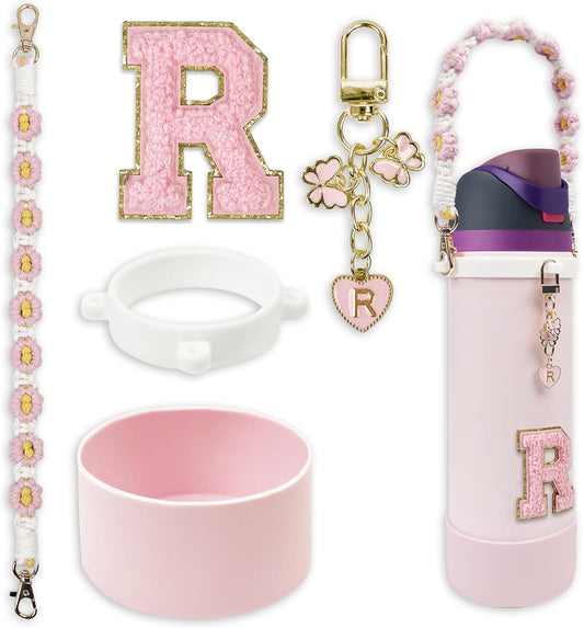 SITKOL Silicone Boot Cute Monogram Set Compatible with Owala Water Bottle 24 oz, 32 oz, 40 oz - Perfect Letter Owala Accessories for Owala Tumbler, Owala Free Sip, Pink Owala, Black Owala