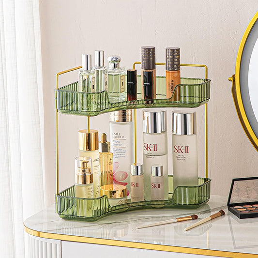 2-Tier Corner Bathroom Counter Organizer – Storage Shelf for Makeup, Perfume & Skincare, Space-Saving Countertop Tray Fits Bathroom, Dresser, Kitchen (Green)