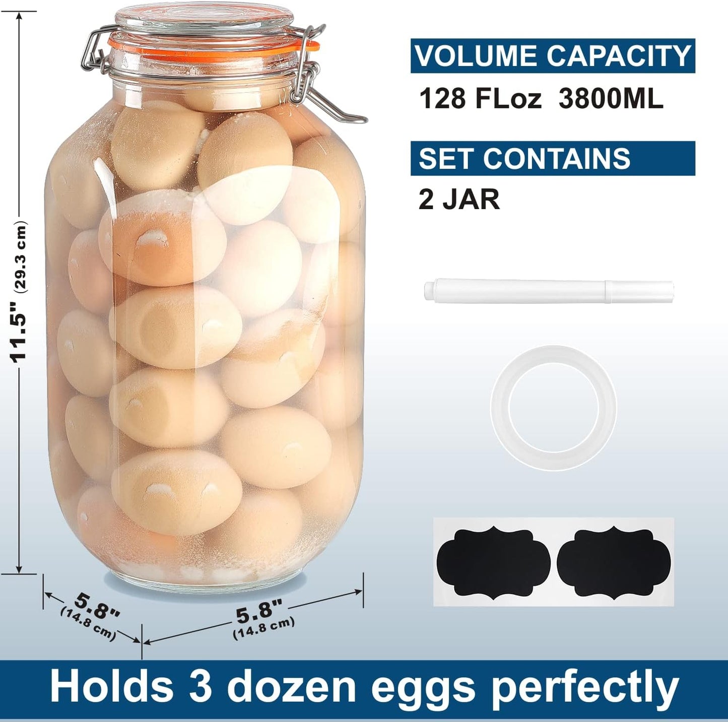 1 Gallon Square Glass Storage Jars with Airtight Lids, 2 Pack Large Glass Pickle Jars for Fermenting, Clear Glass Canister for Flour, Cookie, Candy, Kombucha, Sun tea(Extra Labels and Gasket)