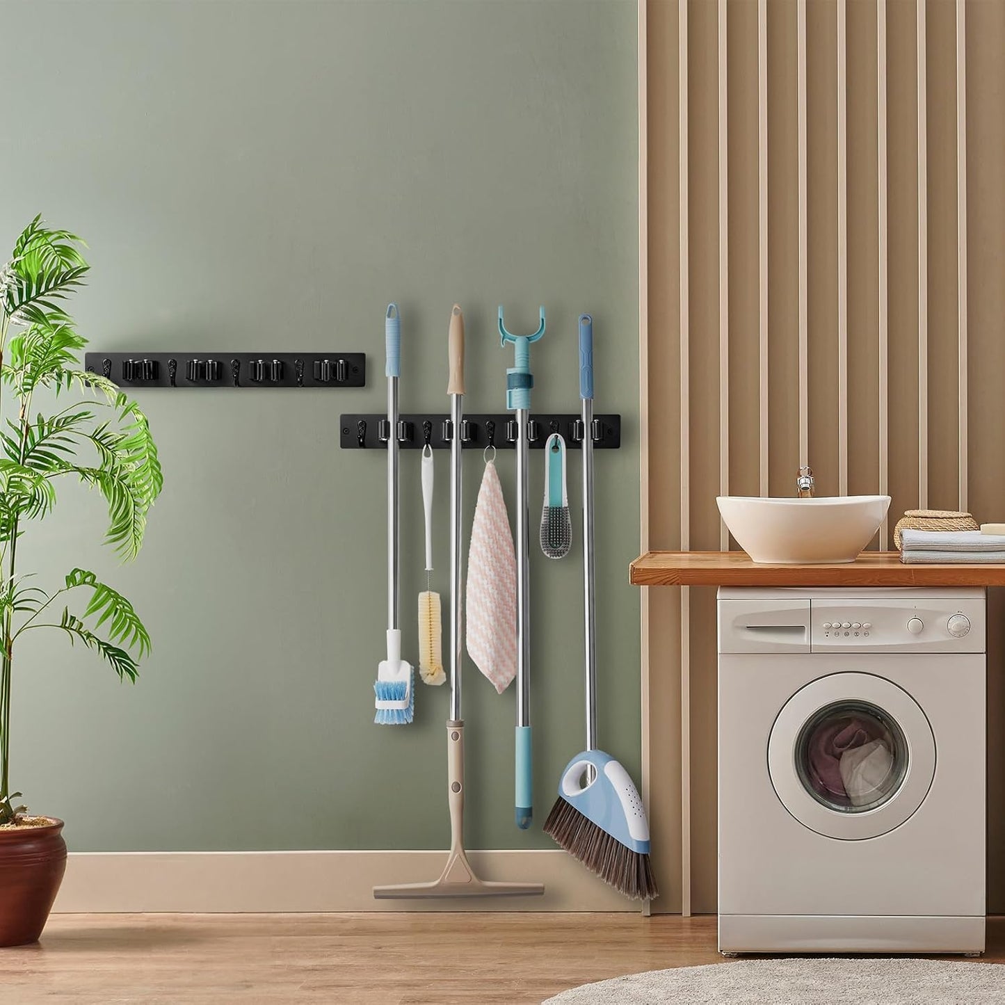 2 Pack Black Mop Broom Holder Wall Mount - Wood Broom Mop Hanger - Wall Mounted Garden Tool Rack Organizer for Closet Garage Laundry Room, 4 Slots & 4 Hooks