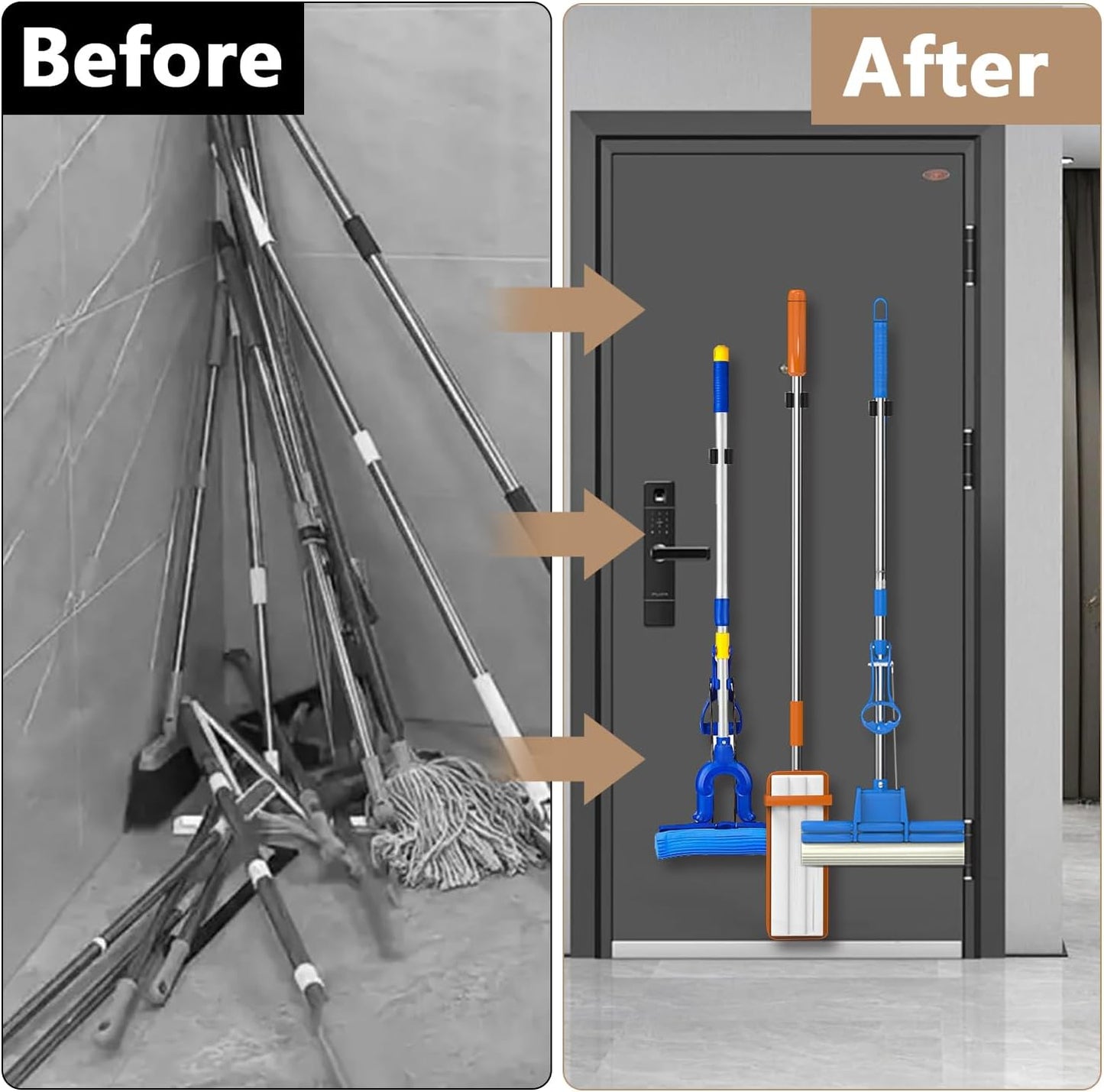 3-H Magnetic Broom Holder 4 Piece Set, 304 Stainless Steel Broom Holder Wall Mount, No Drilling Magnetic Tool Holder with 2 Mini Magnetic Hooks for Garage Garden Laundry Kitchen, Black